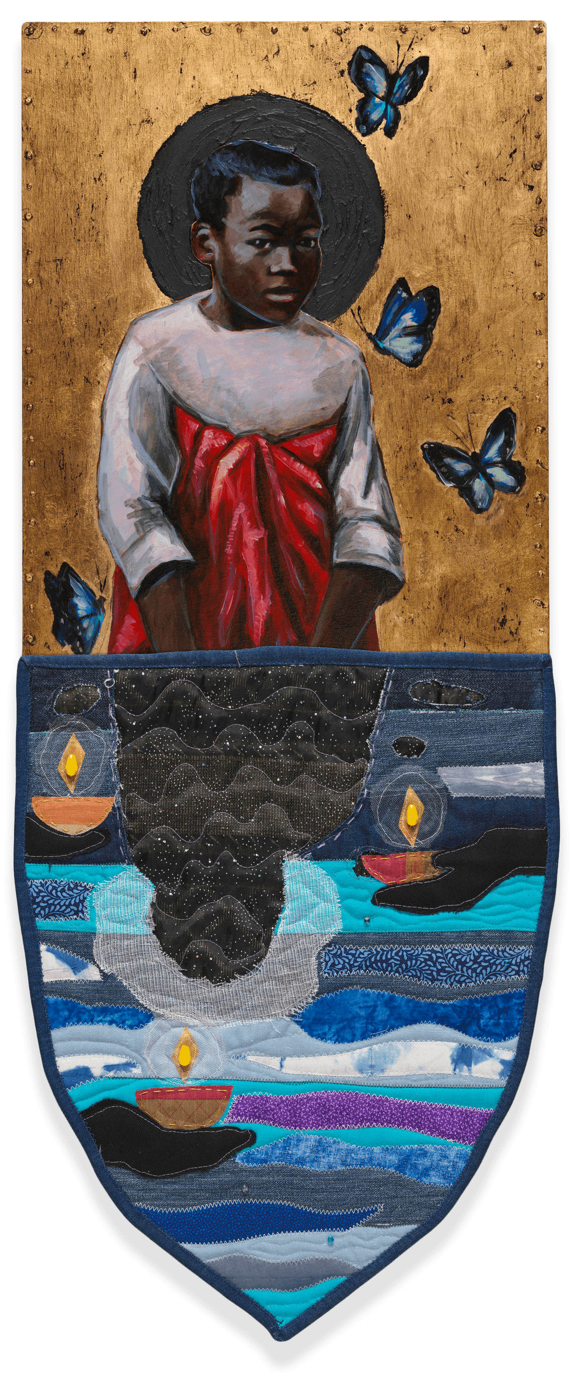 A mixed media piece of art by Stephen Towns that has a painting of a young black girl and her standow reflected in the water.