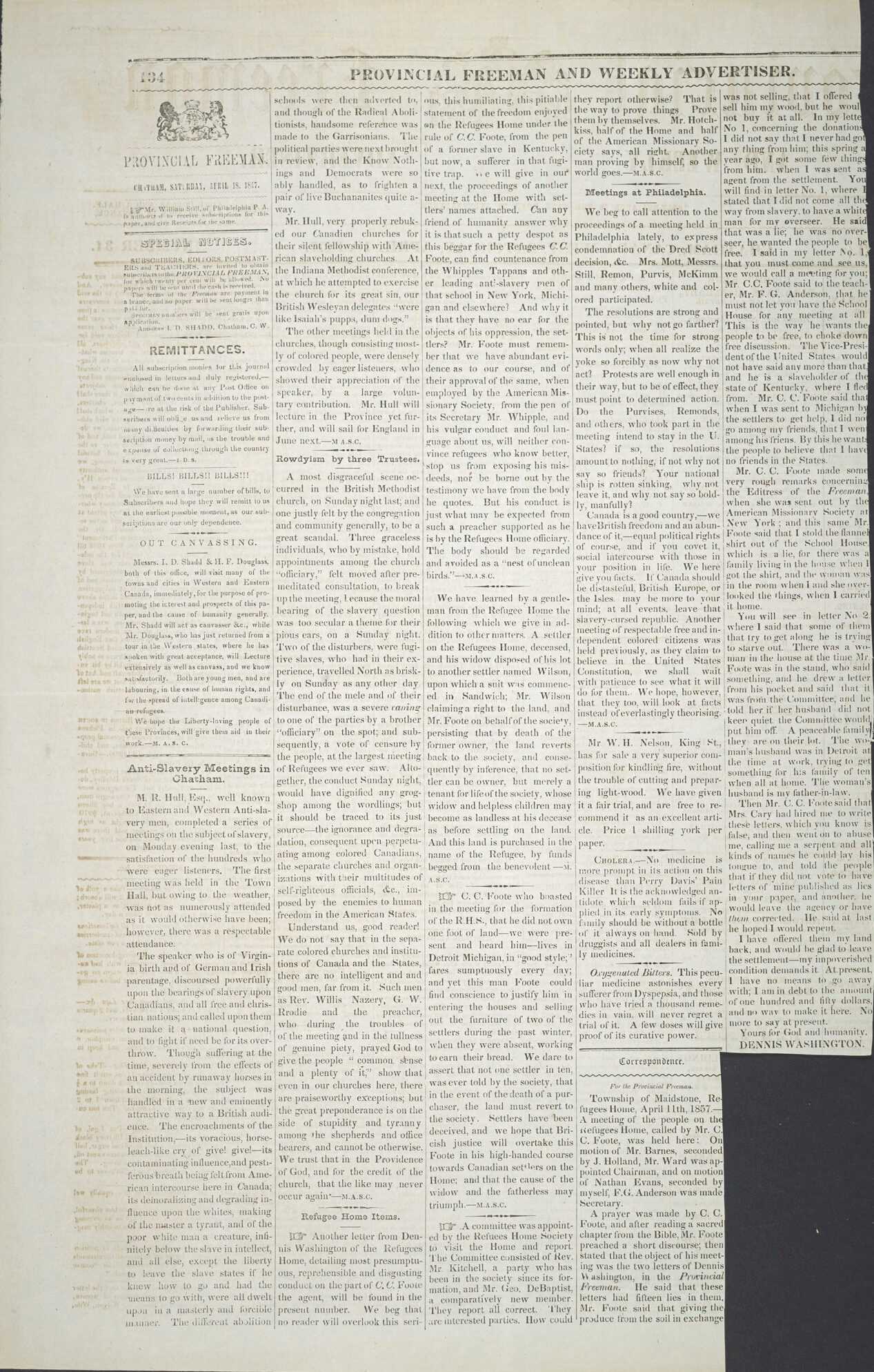 Page from "Provincial Freeman and Weekly Advertiser," April 8, 1857
