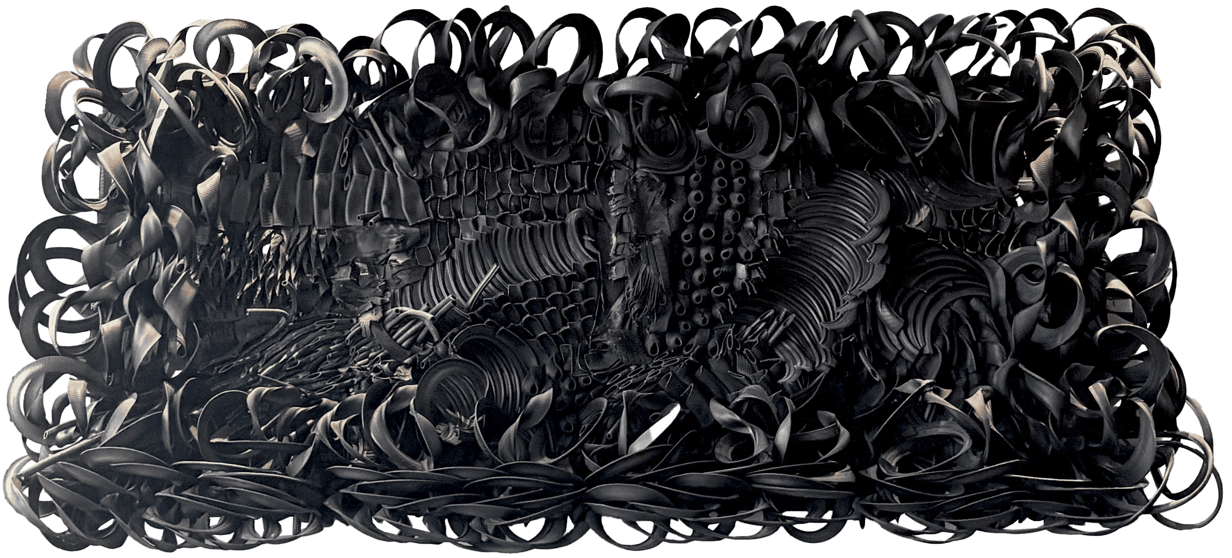 Abstract wall-mounted sculpture made of dark, curled rubber or metal strips arranged in dense, layered loops and ridges, forming a textured rectangular artwork