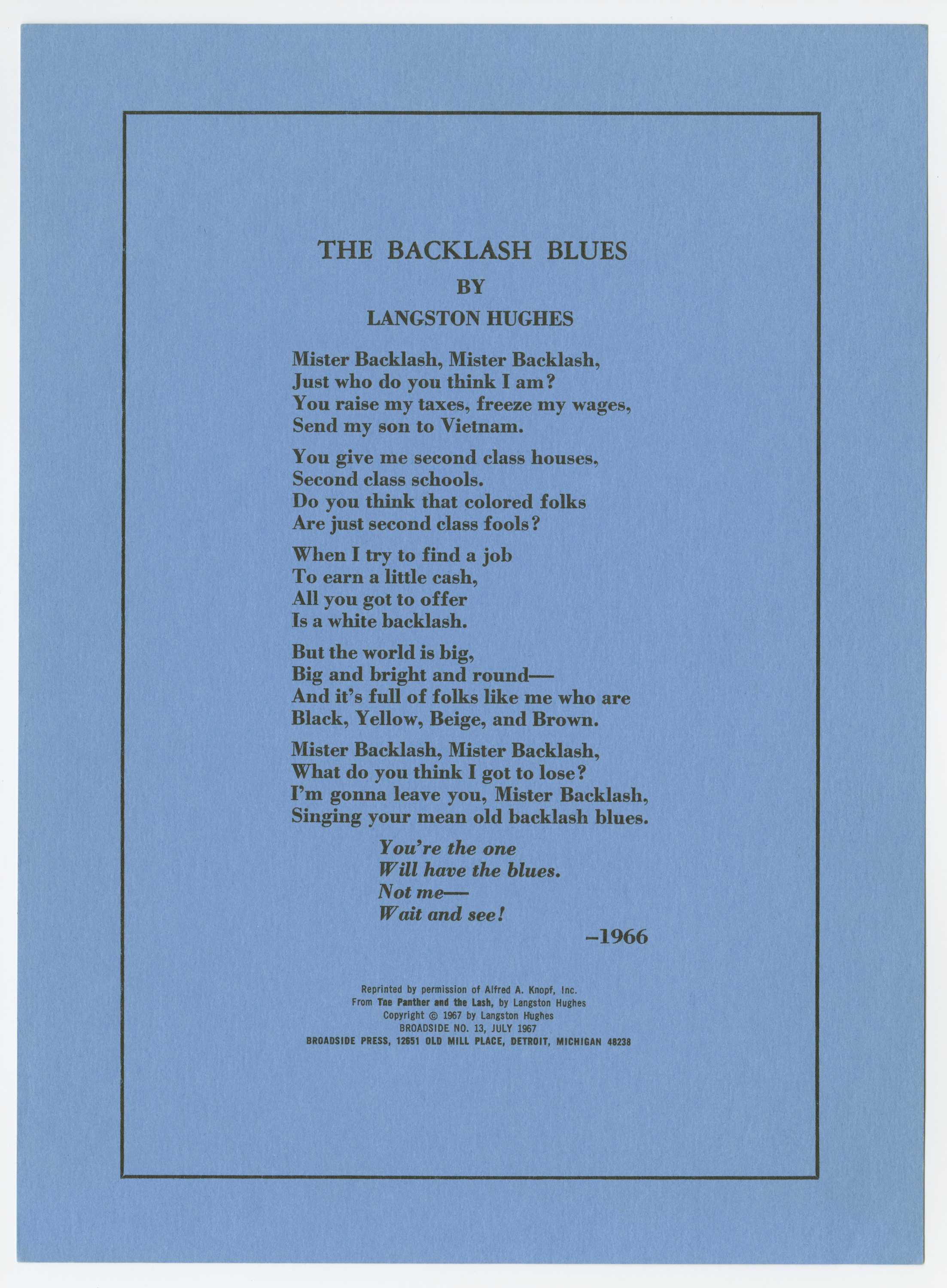 Poem printed in black ink on light-blue paper titled Backlash Blues by Langston Hughes.