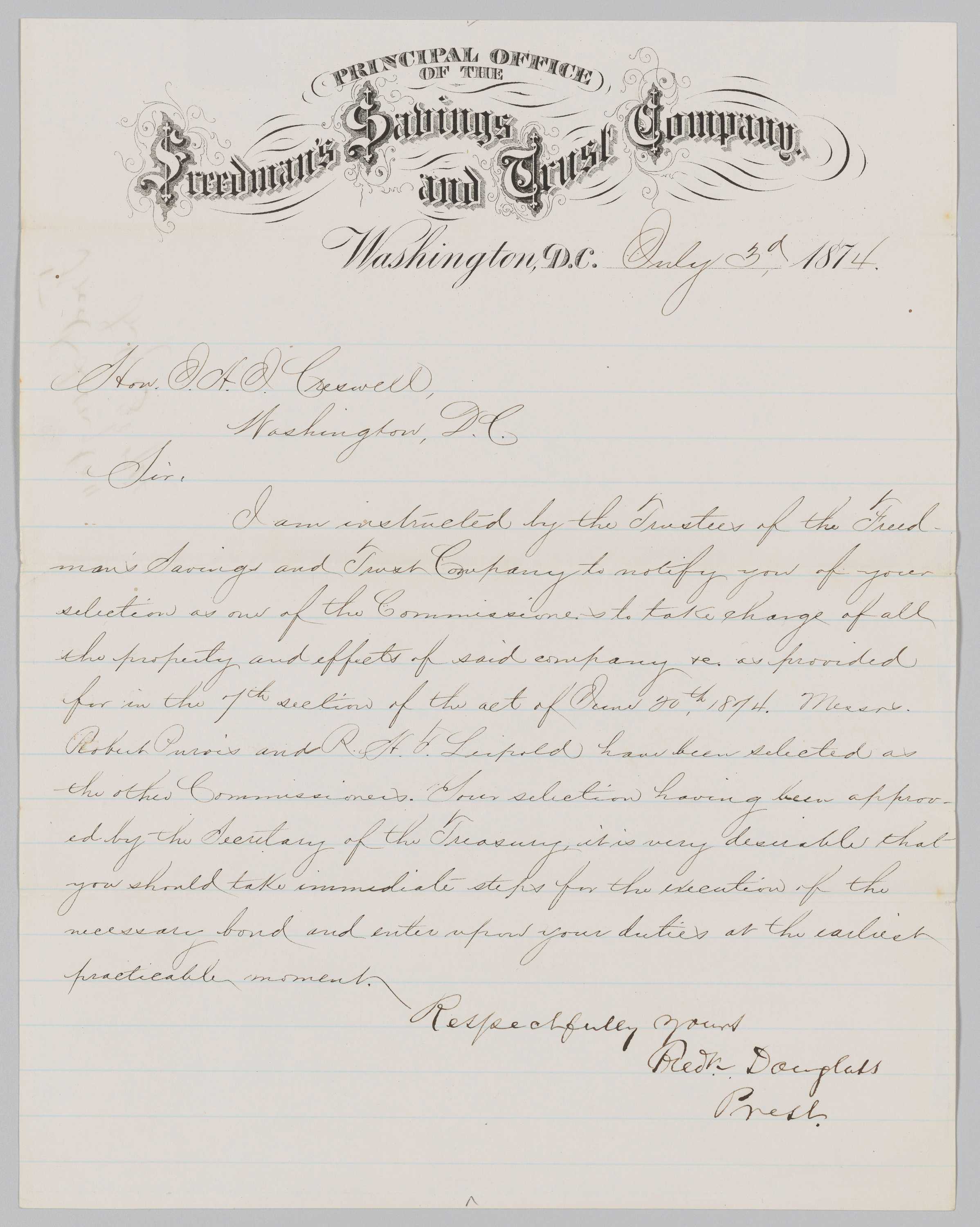 A handwritten Freedman’s Savings Bank letter signed by Frederick Douglass.