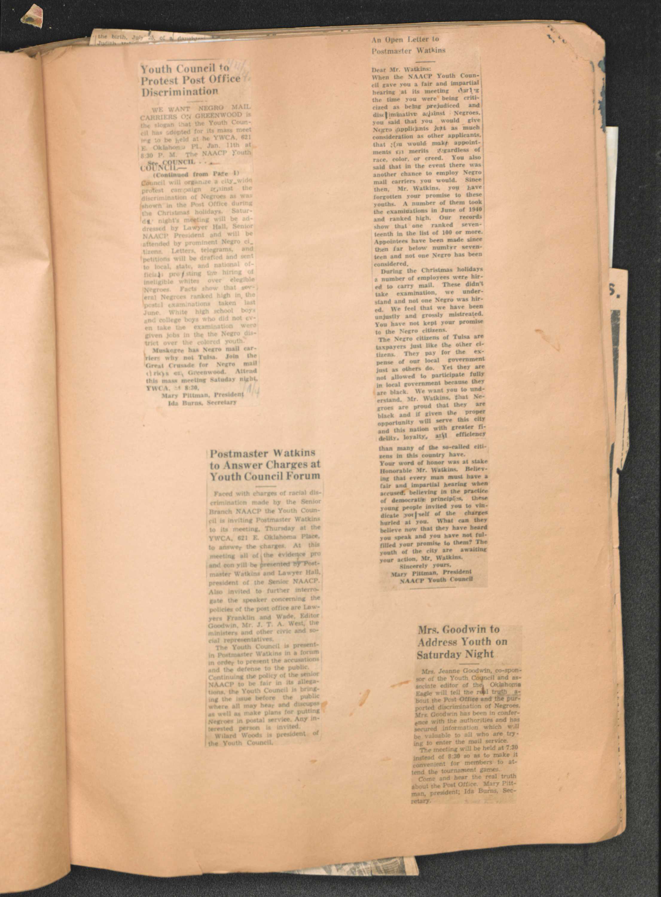 A large scrapbook compiled by Mary S. Williams, sponsor of the Tulsa Youth Council of the N.A.A.C.P. The cover of the scrapbook has a outdoor fall woodsy scene with [SCRAPBOOK] in red letters at bottom center. The interior pages contains mostly newspaper clippings as well as pamphlets, event programs, conference ephemera, and a copy of the N.A.A.C.P. Youth Herald newsletter. The subjects include membership and leadership changes for the organization, essay contests, a protest of the segregated Youth and Democracy Rally, the 9th Annual Vocational Opportunity Campaign, and cleaning up vacant lots in Greenwood as part of National Negro Health Week. On one page is a group photograph of the [1922 Football Squad of Hampton Institute], which includes W.D. Williams. Towards the back of the scrapbook is a [Certificate of Affiliation] with the "Double V Clubs of America." The first and last few pages have handwritten inscriptions from students addressed to Mrs. W.D. Williams.