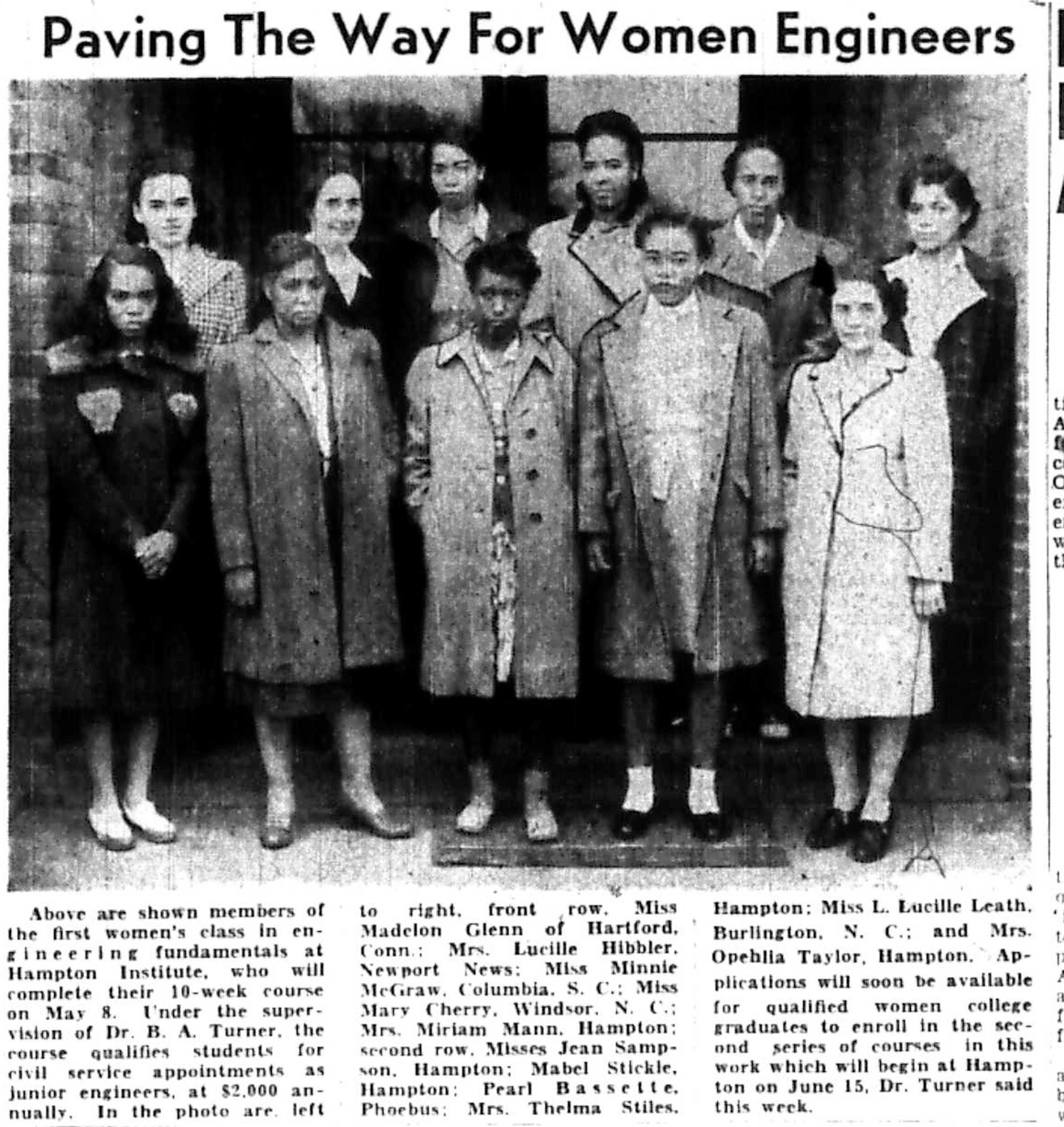 A newspaper clipping, featuring a large photo, of the article called "Paving the Way for Women Engineers".