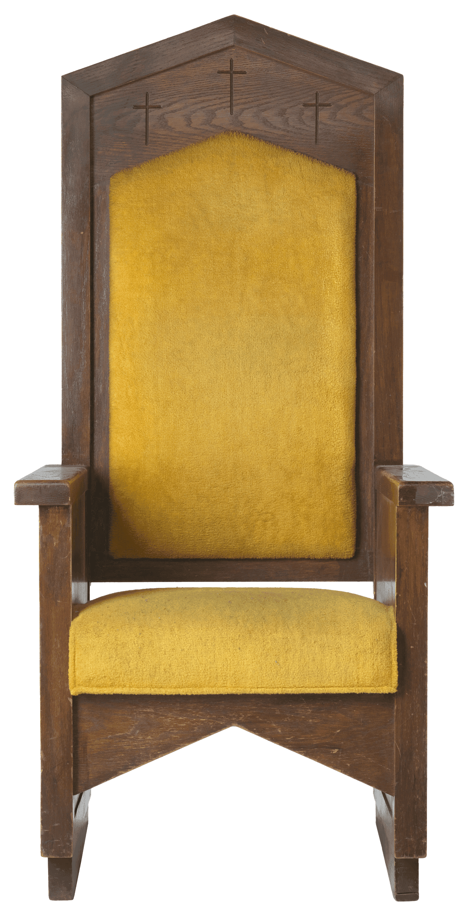 A chair made from dark brown wood featuring yellow back and seat cushions. Three crosses are engraved at the top of the chair. The back of the chair is consistent in design with the church archway, podium, and windows.