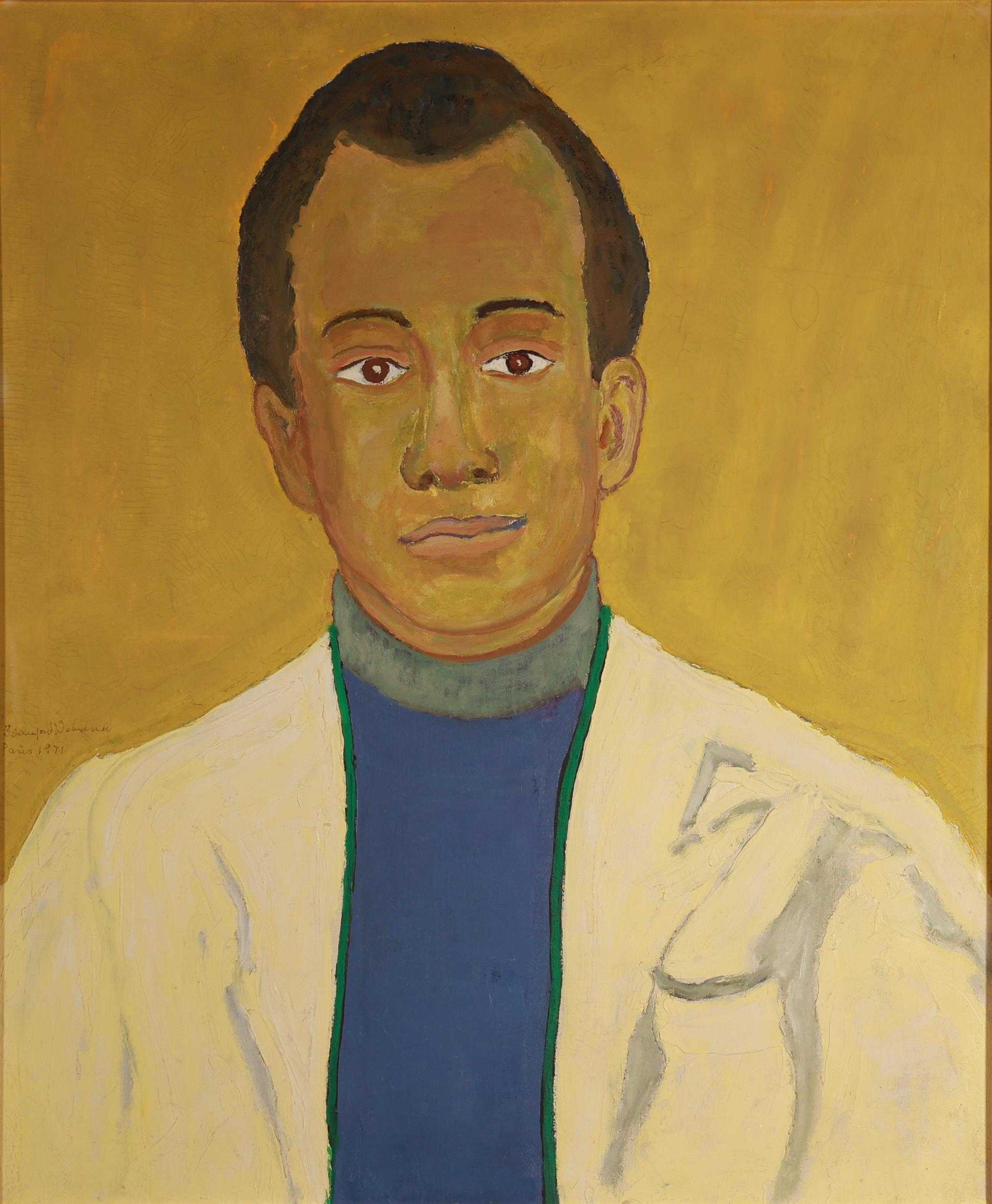 Portrait of a person (James Baldwin) in a blue turtleneck and white coat with green trim, set against a yellow background.