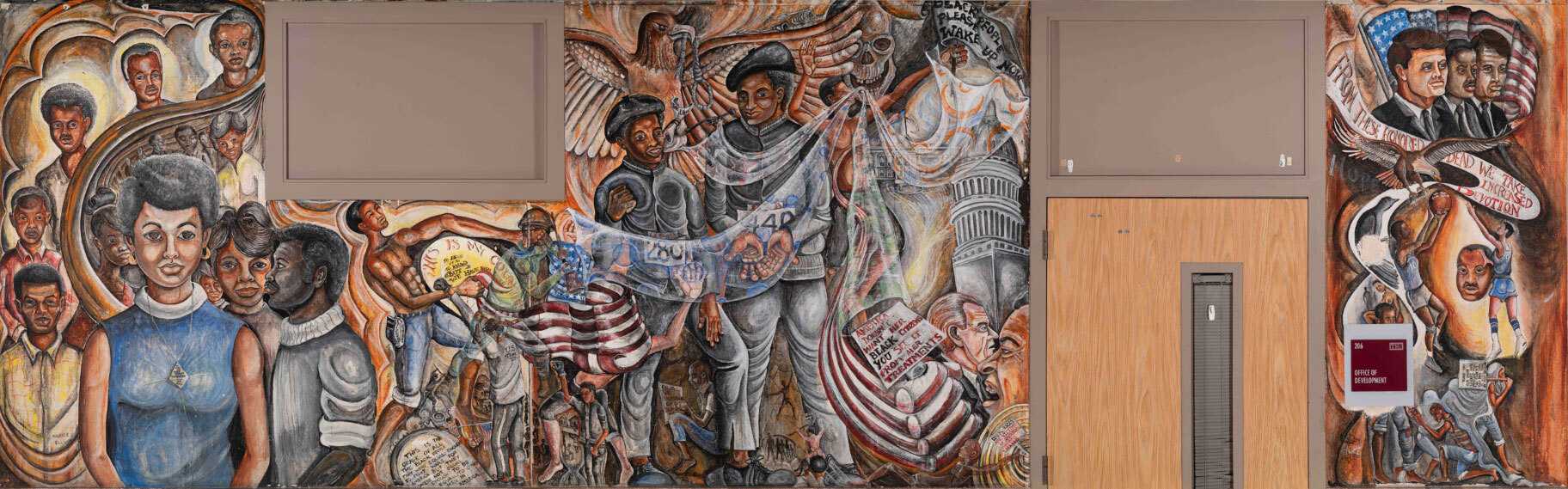 Mural showing students hoping for a better future by remembering honored dead people like JFK and Martin Luther King.