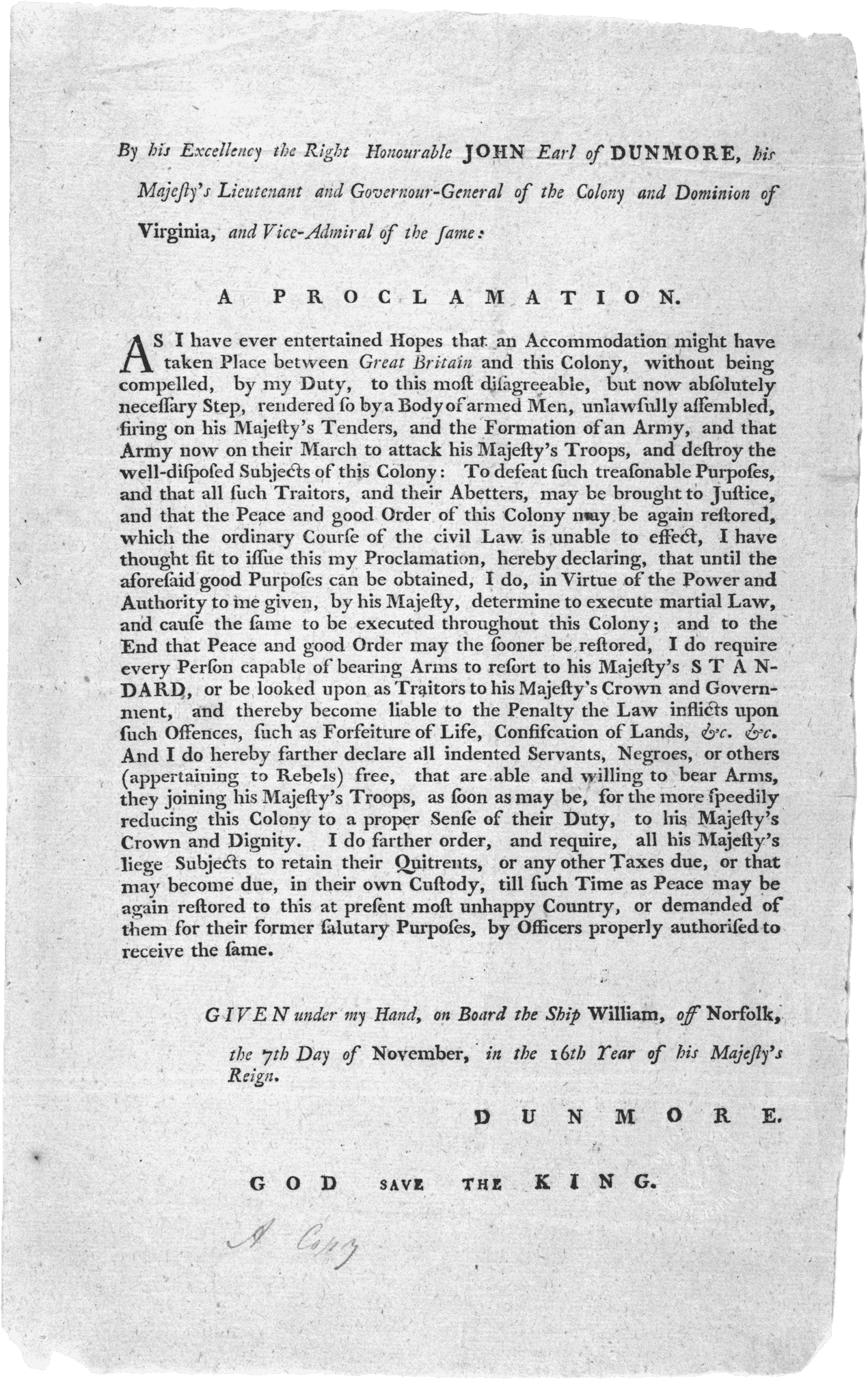 Image of Dunmore’s Proclamation document