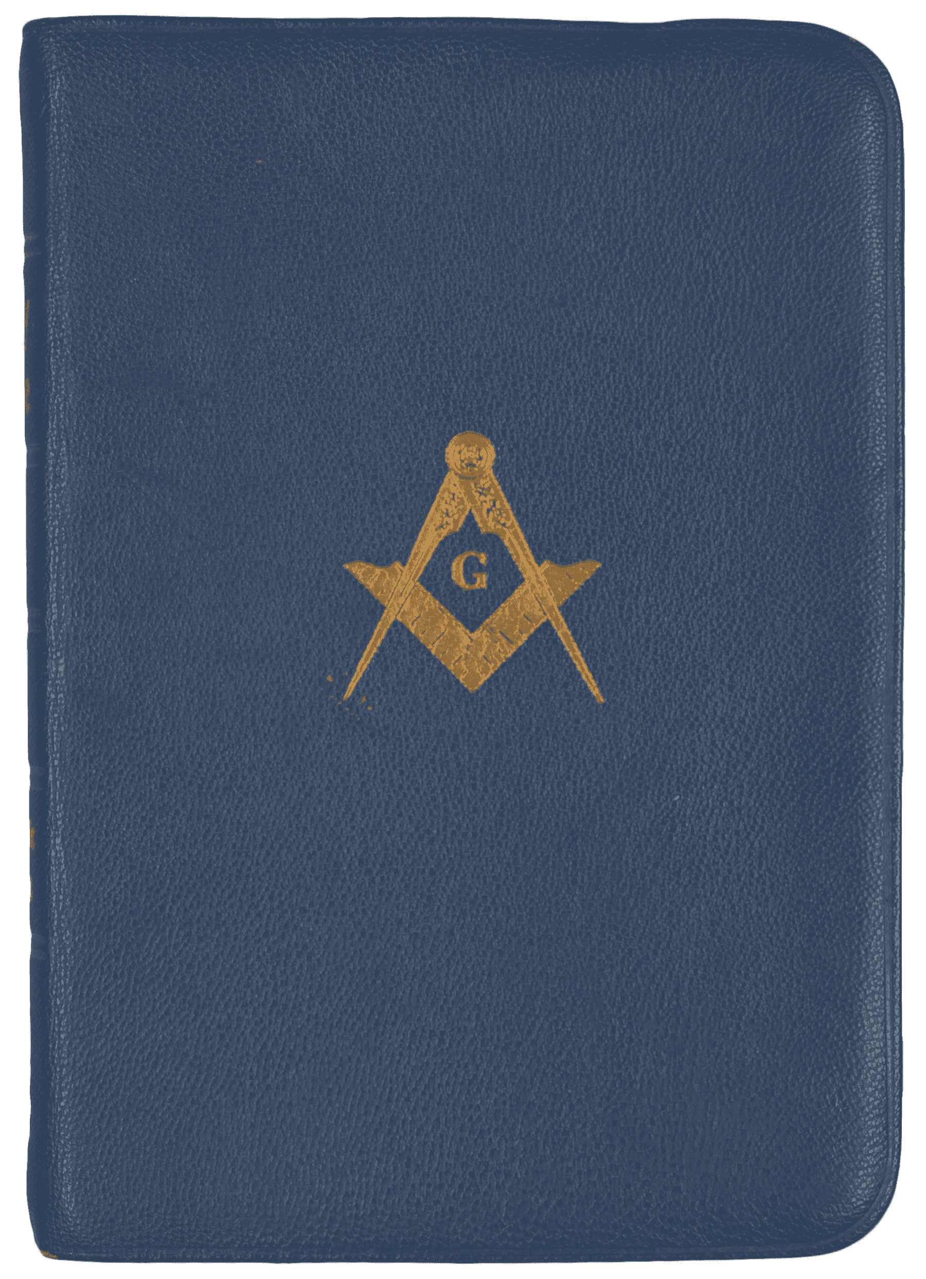 This publication of The Holy Bible is bound in blue leather with the symbol of Freemasonry on the front.