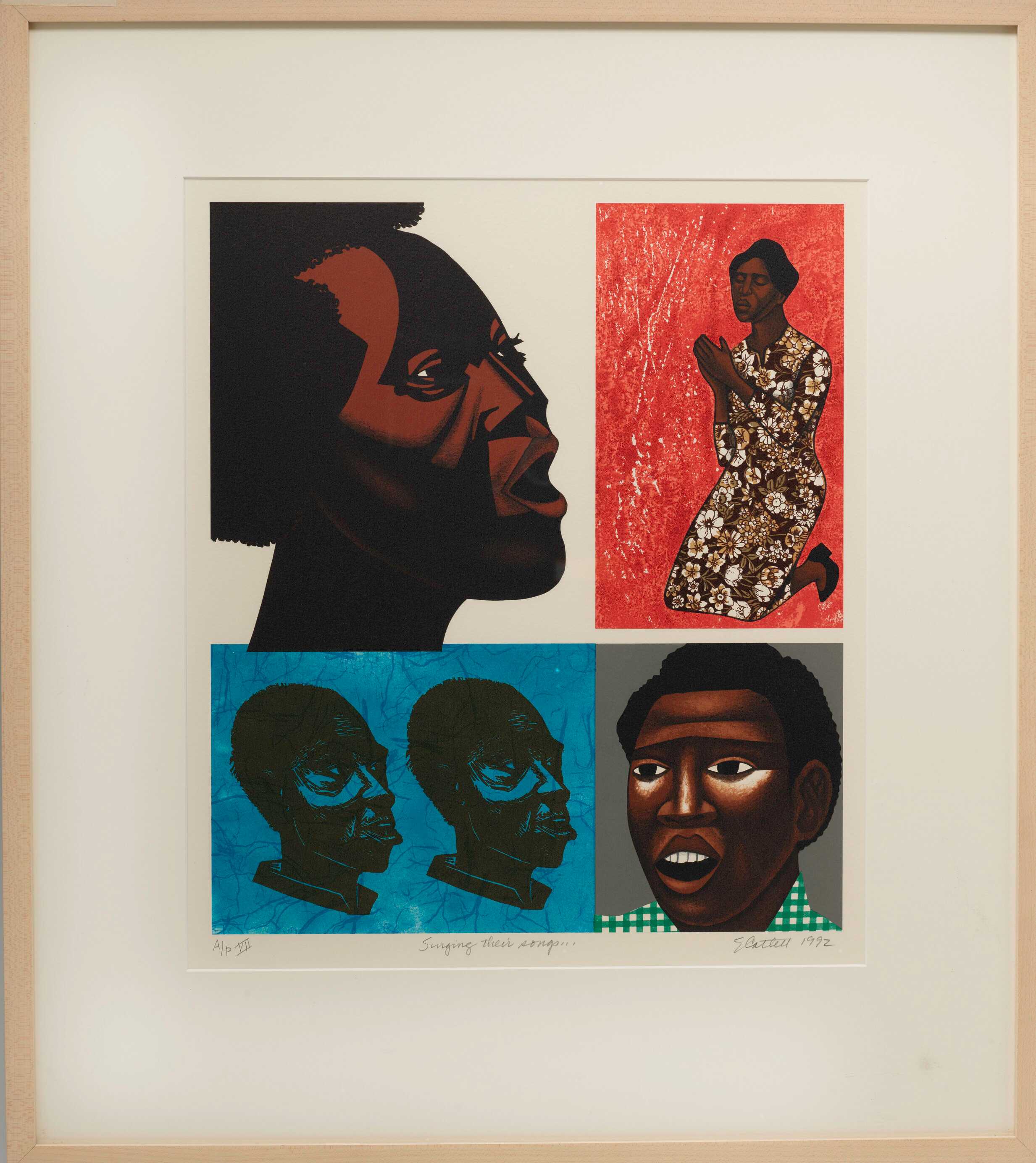 Composite of four artworks depicting expressive human figures and faces.