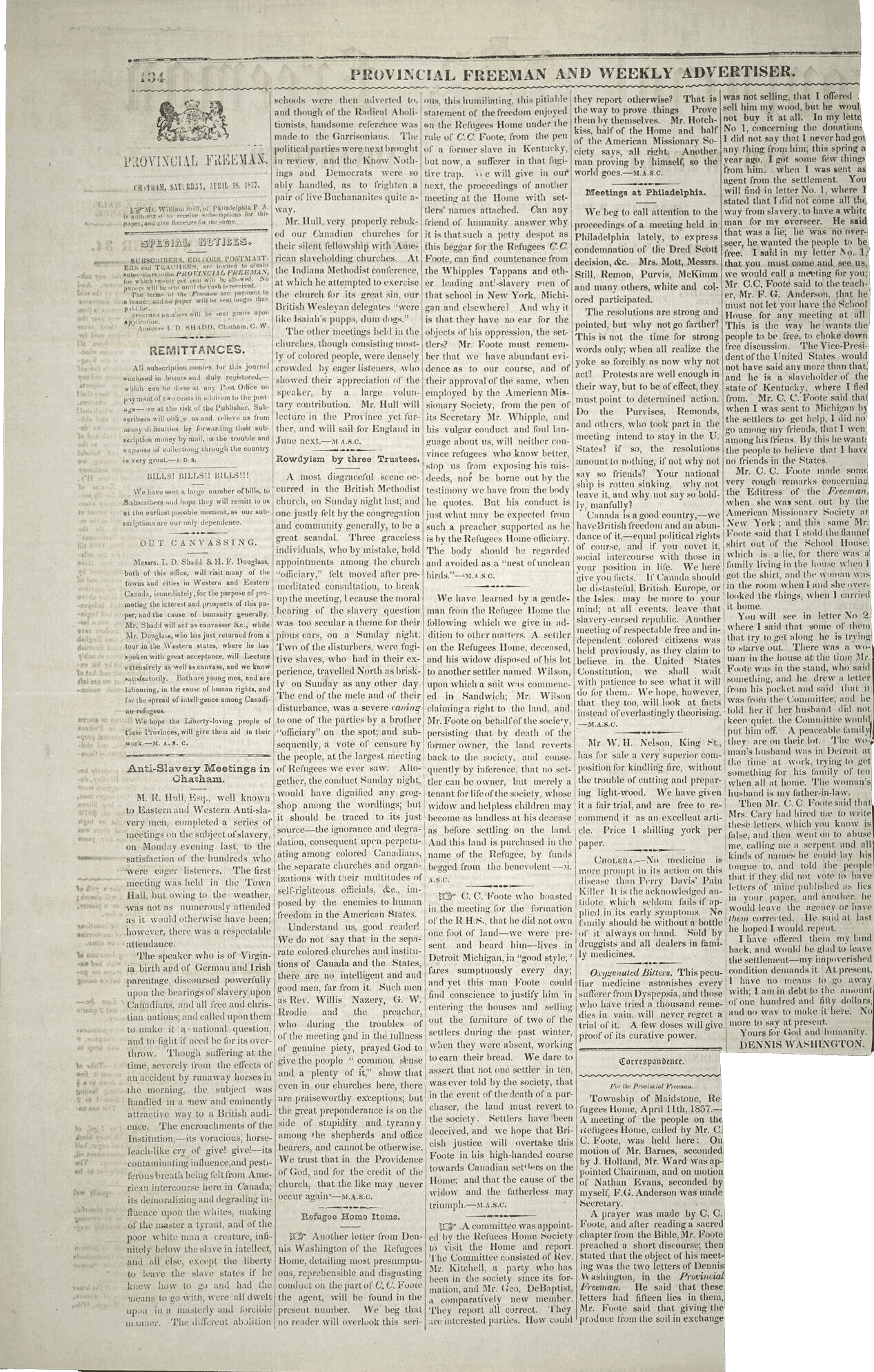 Front page of the Provincial Freeman and Weekly Advertiser, showing the newspaper's masthead and densely printed columns of articles, notices, and advertisements.