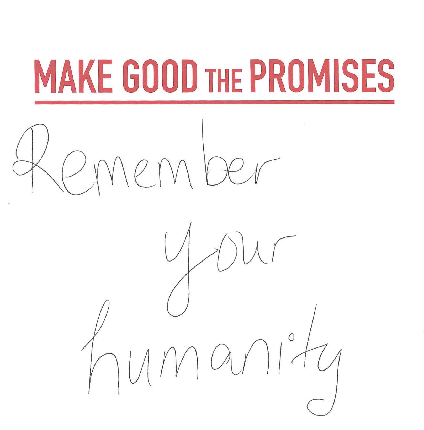 A white card with the handwritten message that states "Remember your humanity."