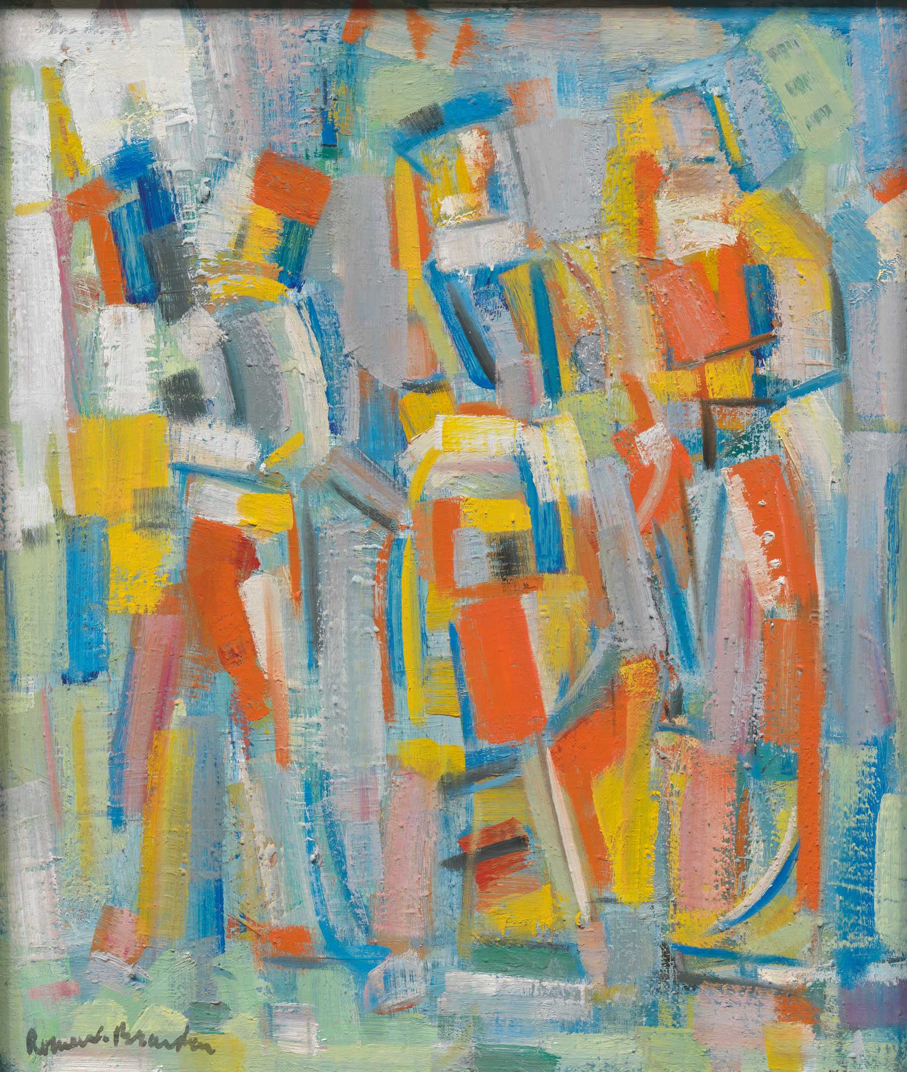 Abstract painting with colorful geometric shapes and brushstrokes in shades of blue, red, yellow, and gray.