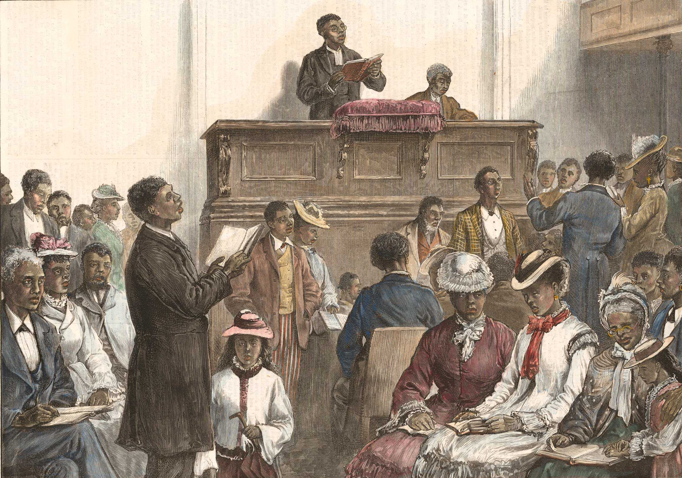 A black man on a large podium with a book in his hand who is speaking to a large congregation