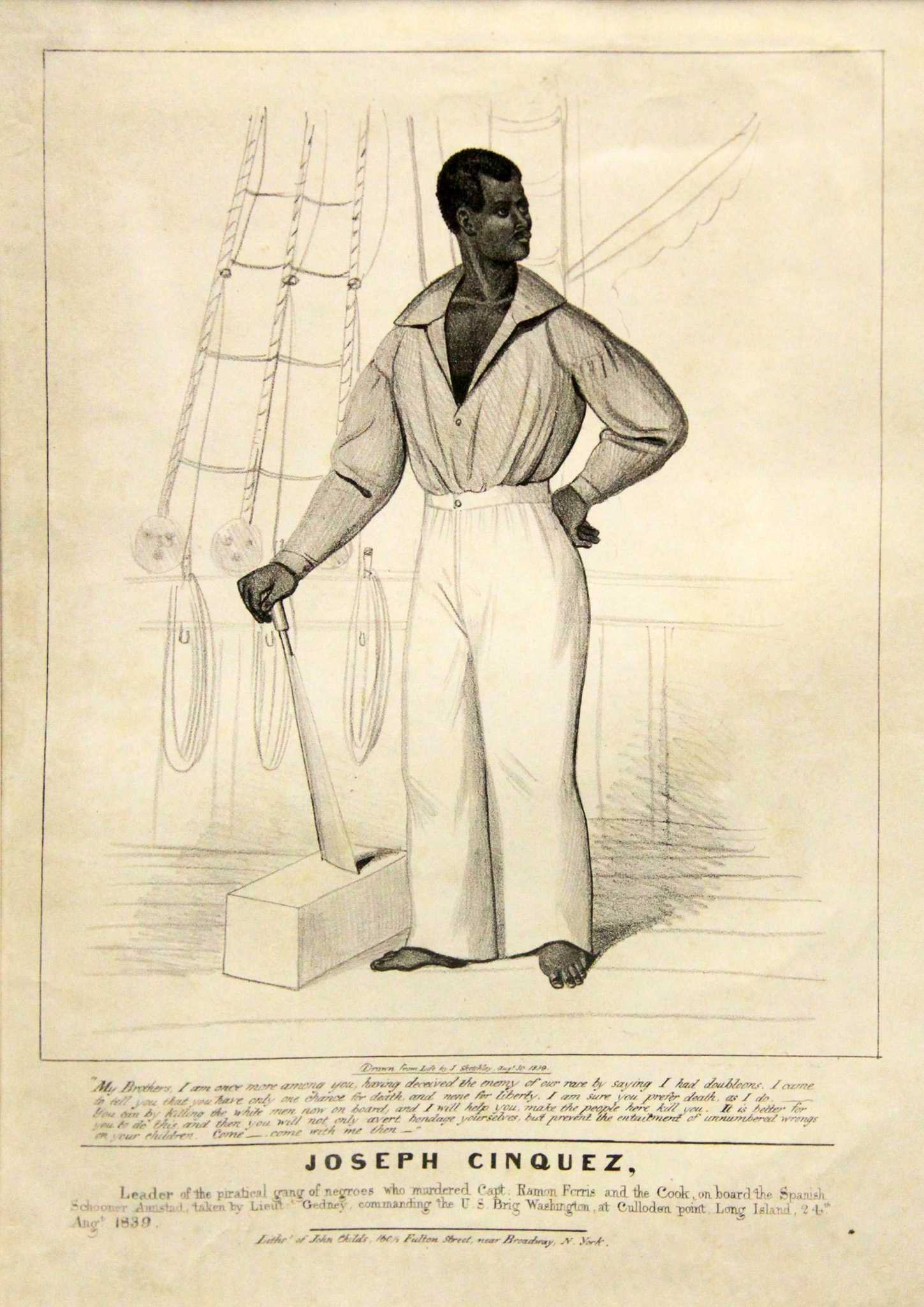 Black and white illustration of Joseph Cinquez on a ship