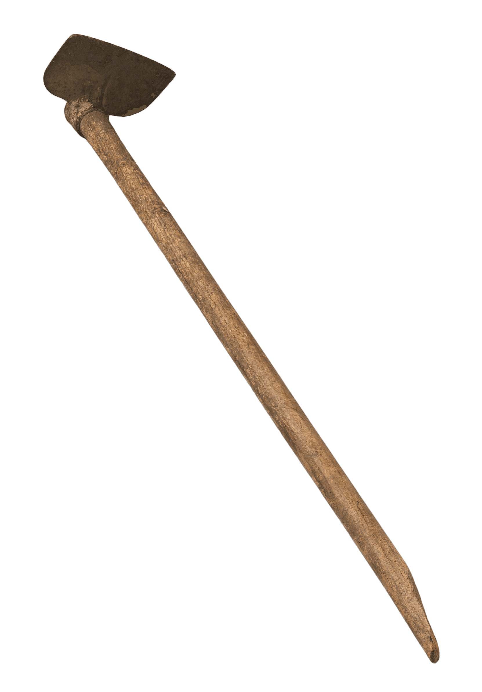 A draw hoe with a wooden handle, a perpendicular hoe blade and a straight cutting edge. The handle is long and split diagonally near the top.