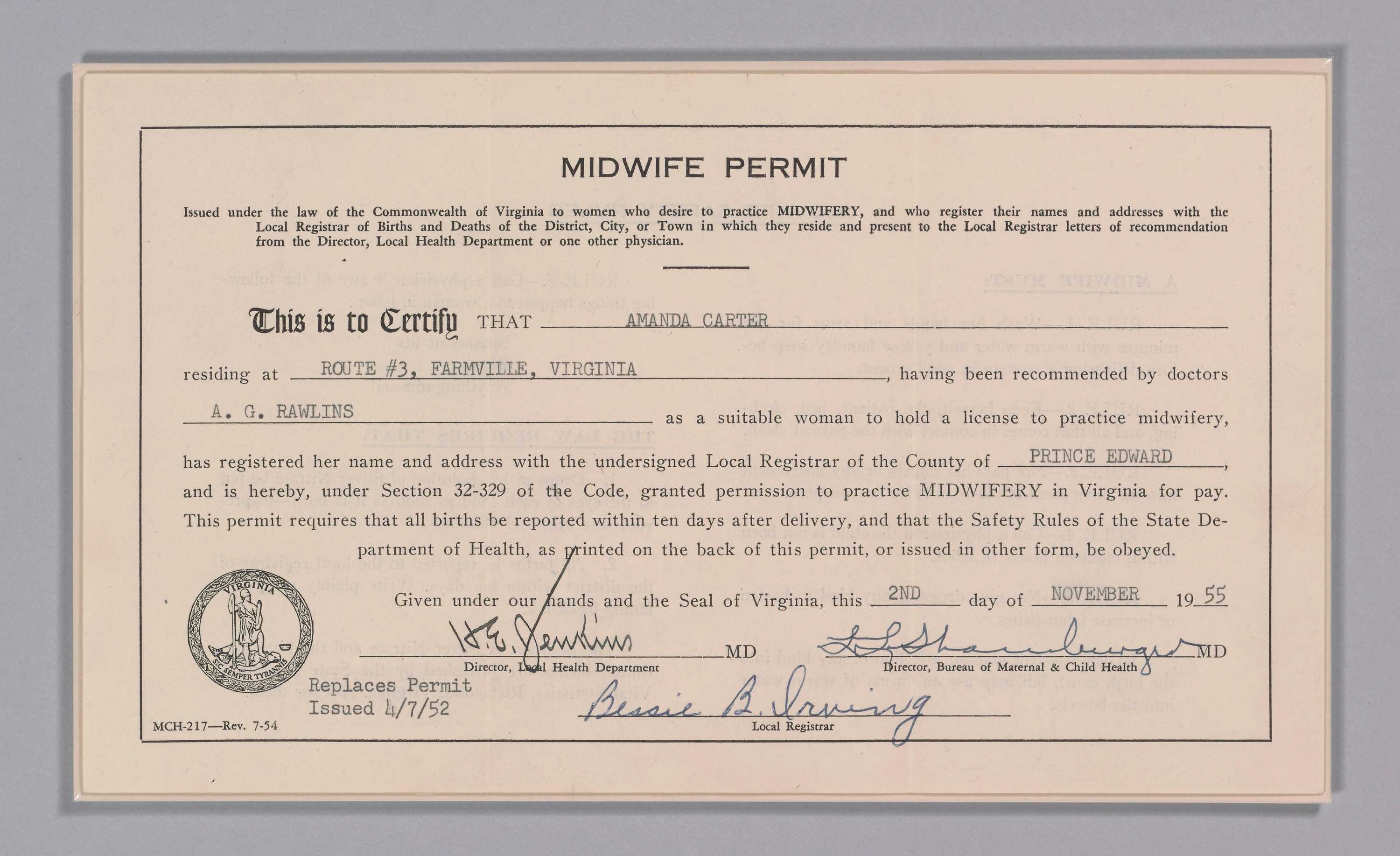A midwife permit issued to Amanda Carter and dated November 2, 1955.