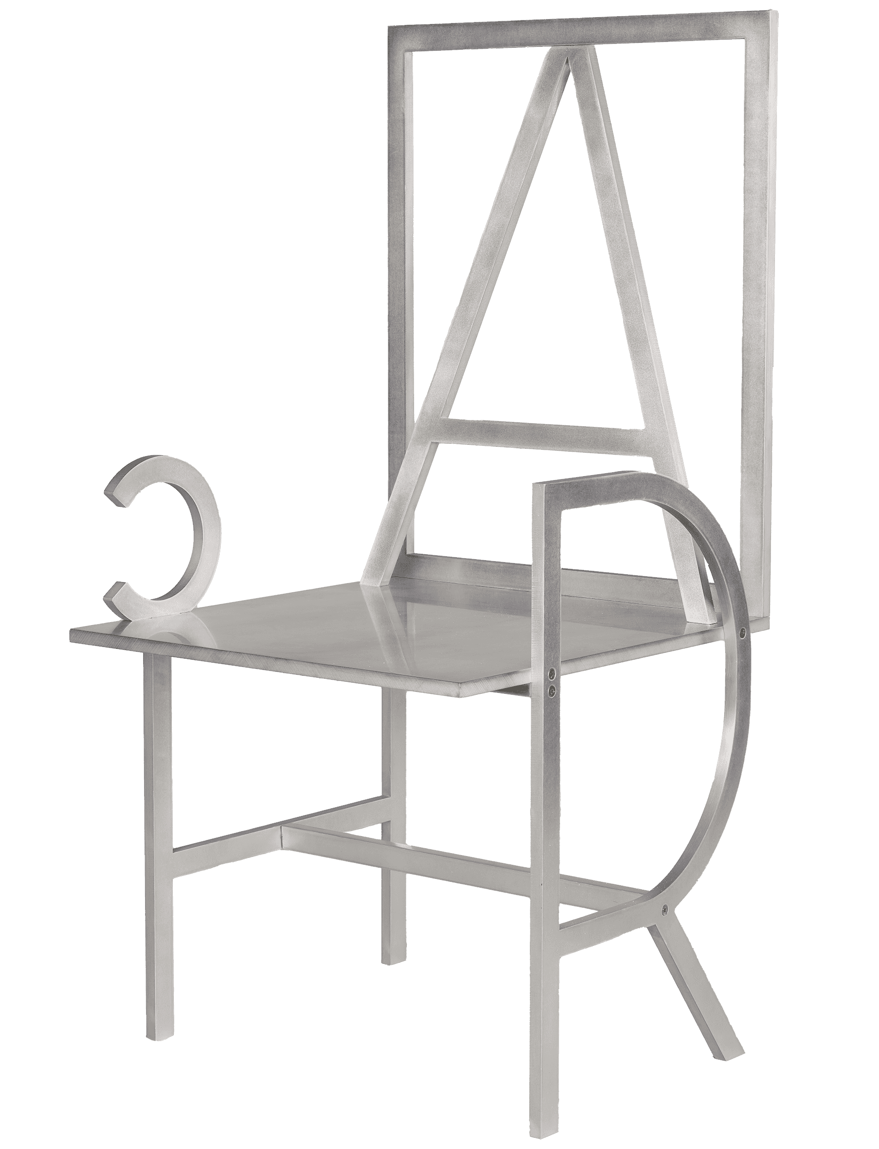 Minimalist metal chair and table with abstract letters such as “A” and “C."