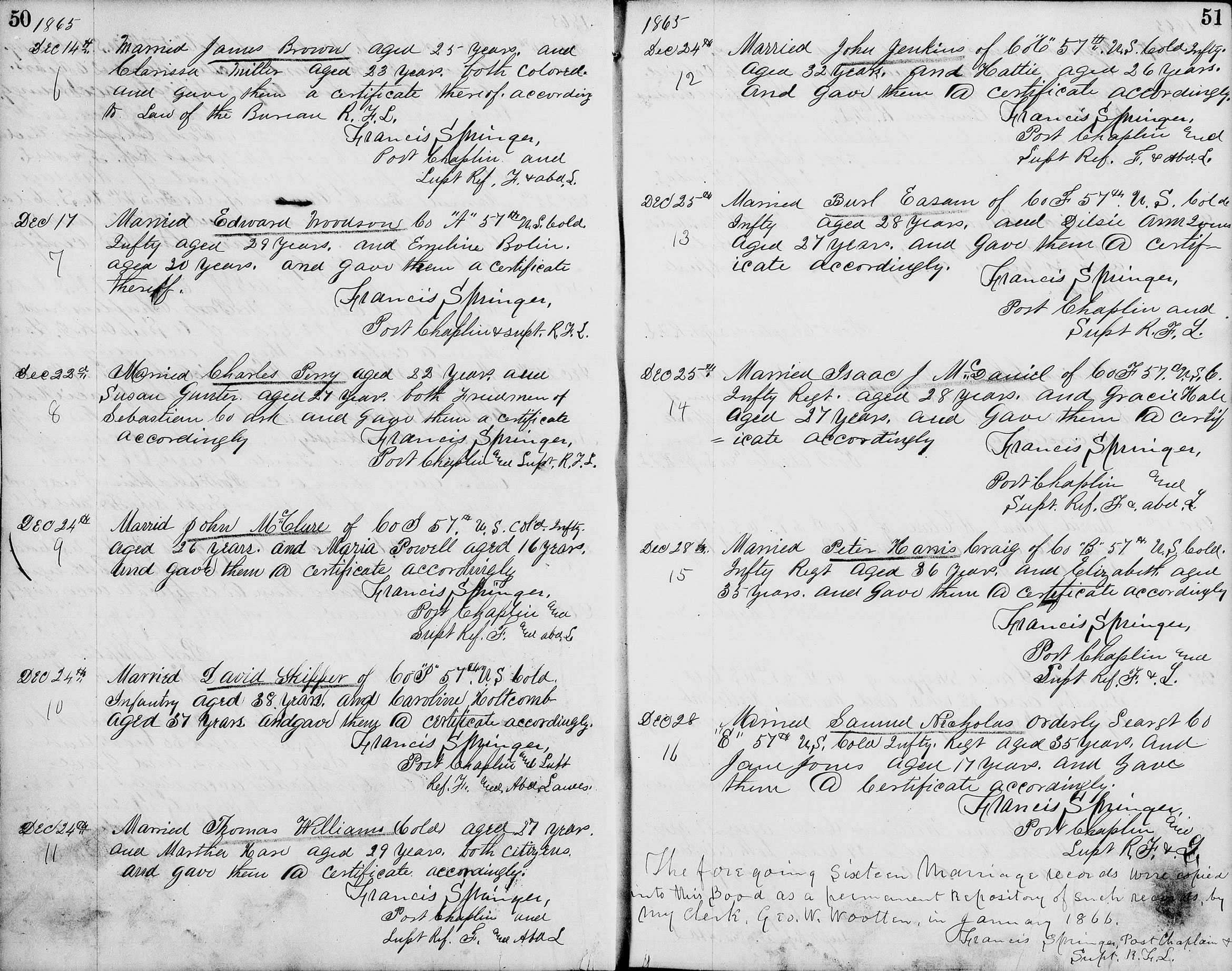 A two page spread of a marriage registrations from various dates in December. Each registration is handwritten and in small paragraph.