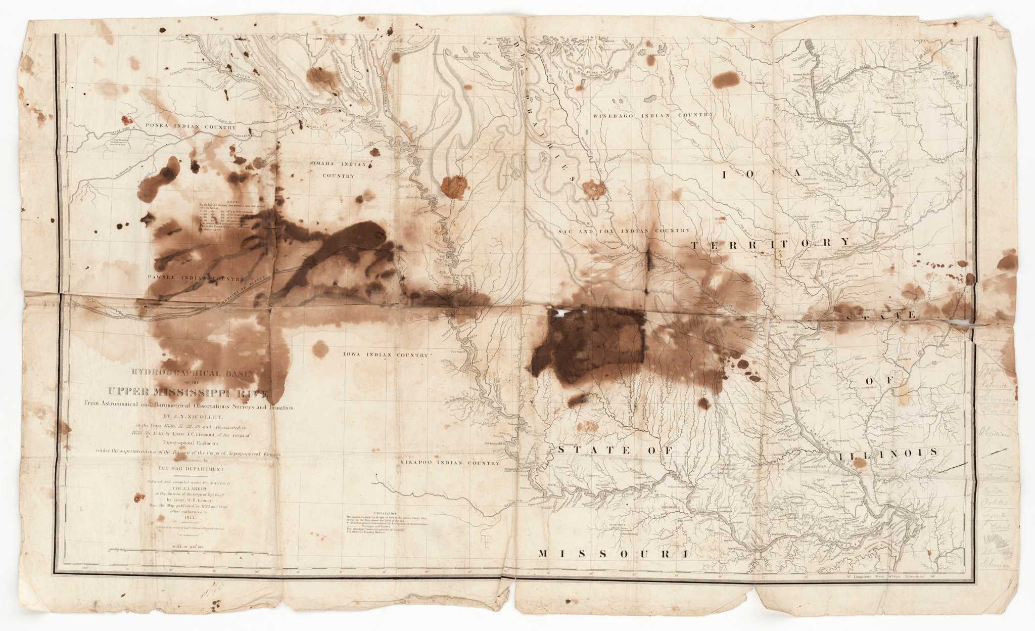 Map of the Hydrographical Basin of the Upper Mississippi River stained with David Hoyts blood