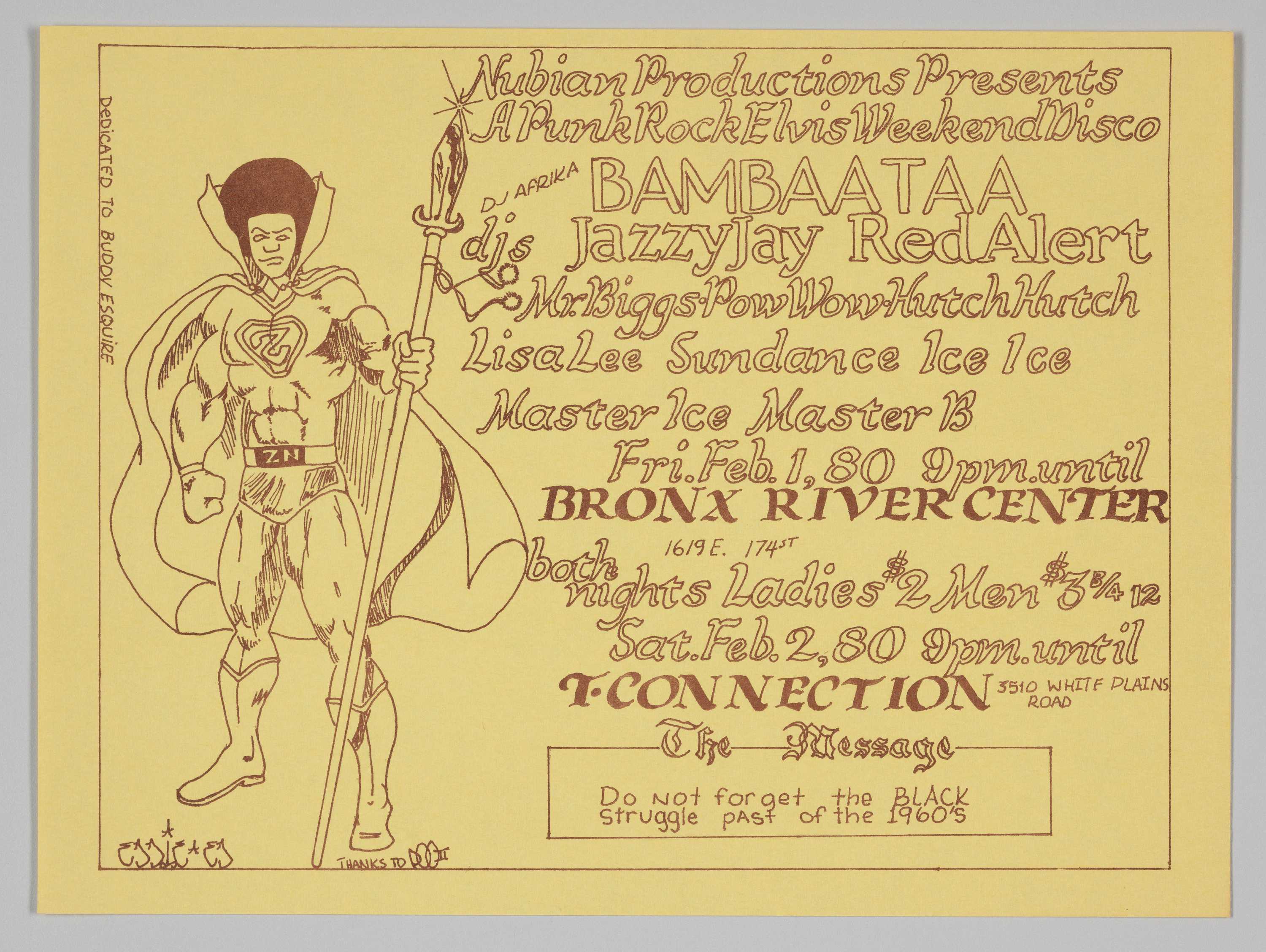 A yellow flyer for Bambaataa featuring a cartoon drawing of a superhero with an afro.