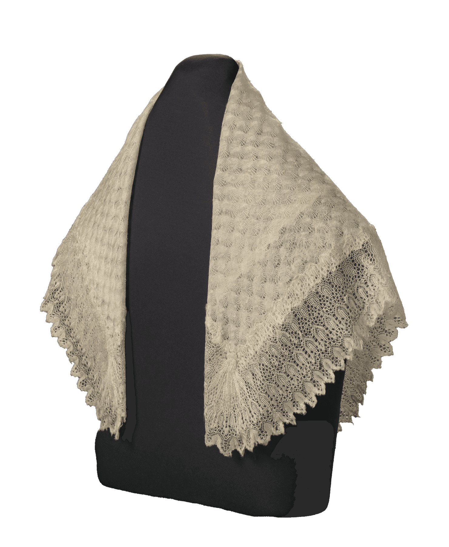 A white, square-shaped shawl made of silk lace and linen, given to Harriet Tubman by Queen Victoria around 1897.