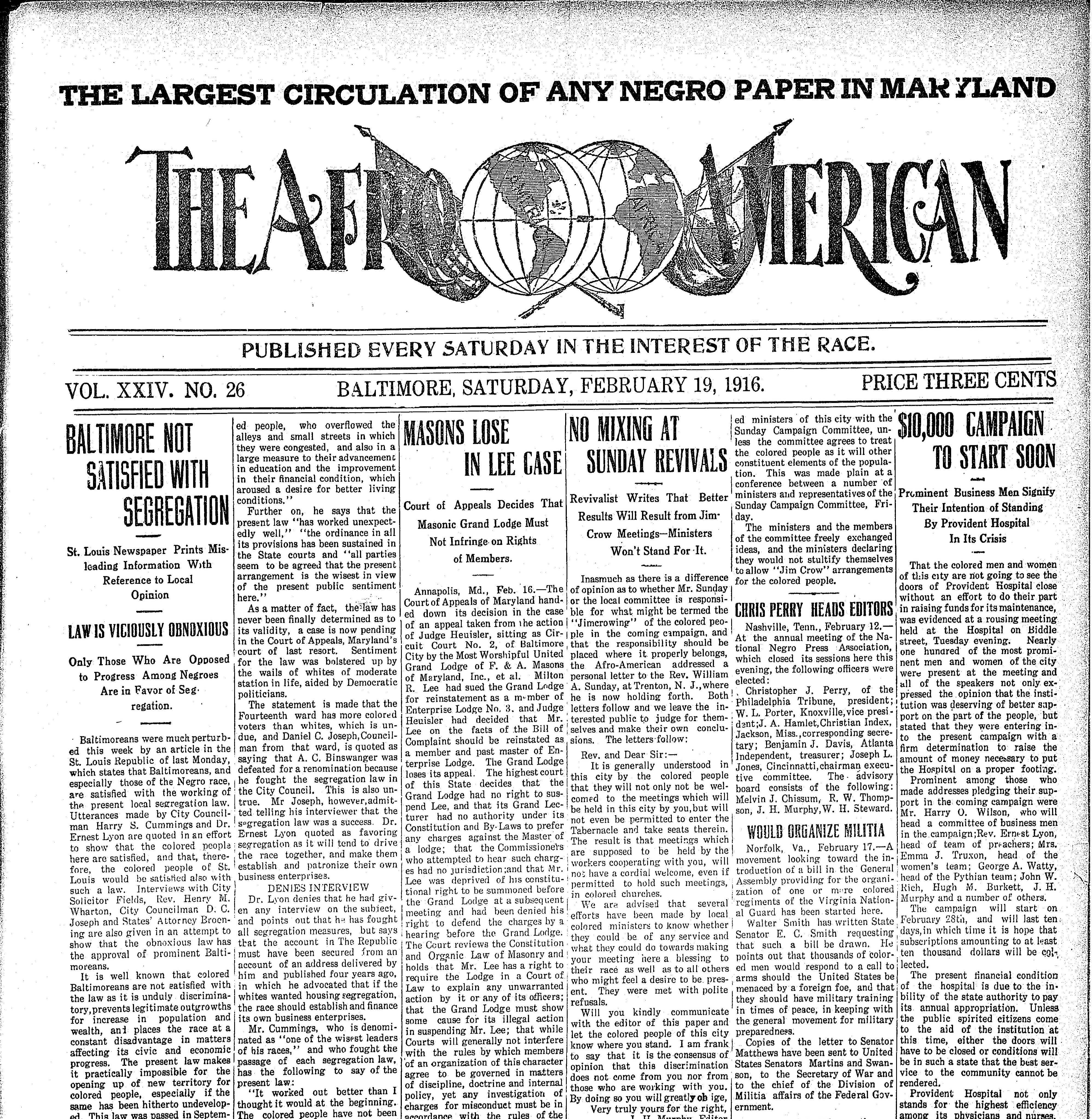 Front page of the Baltimore Afro-American, February 19, 1916
