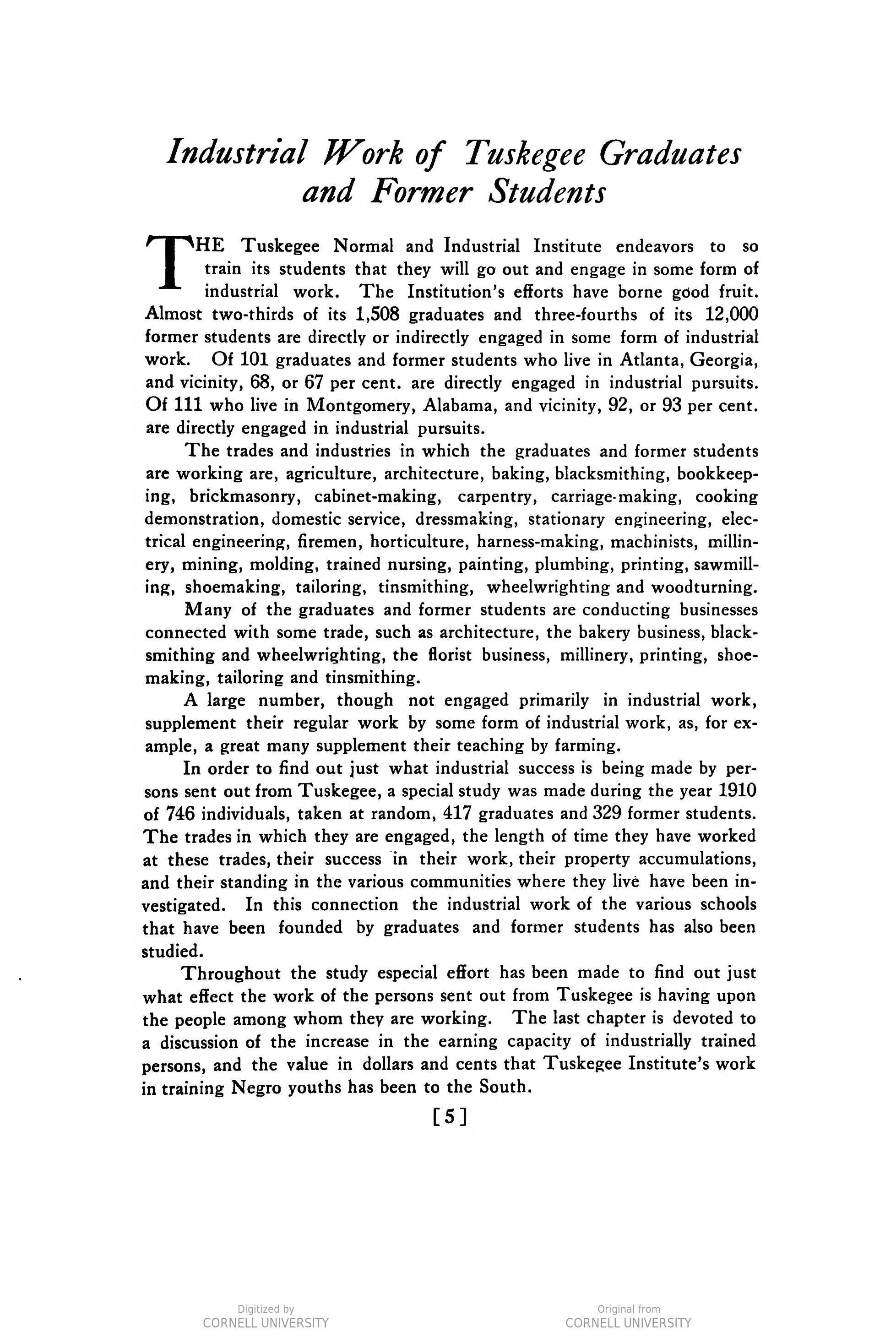 Printed document entitled "Industrial Work of Tuskegee Graduates and Former Students.