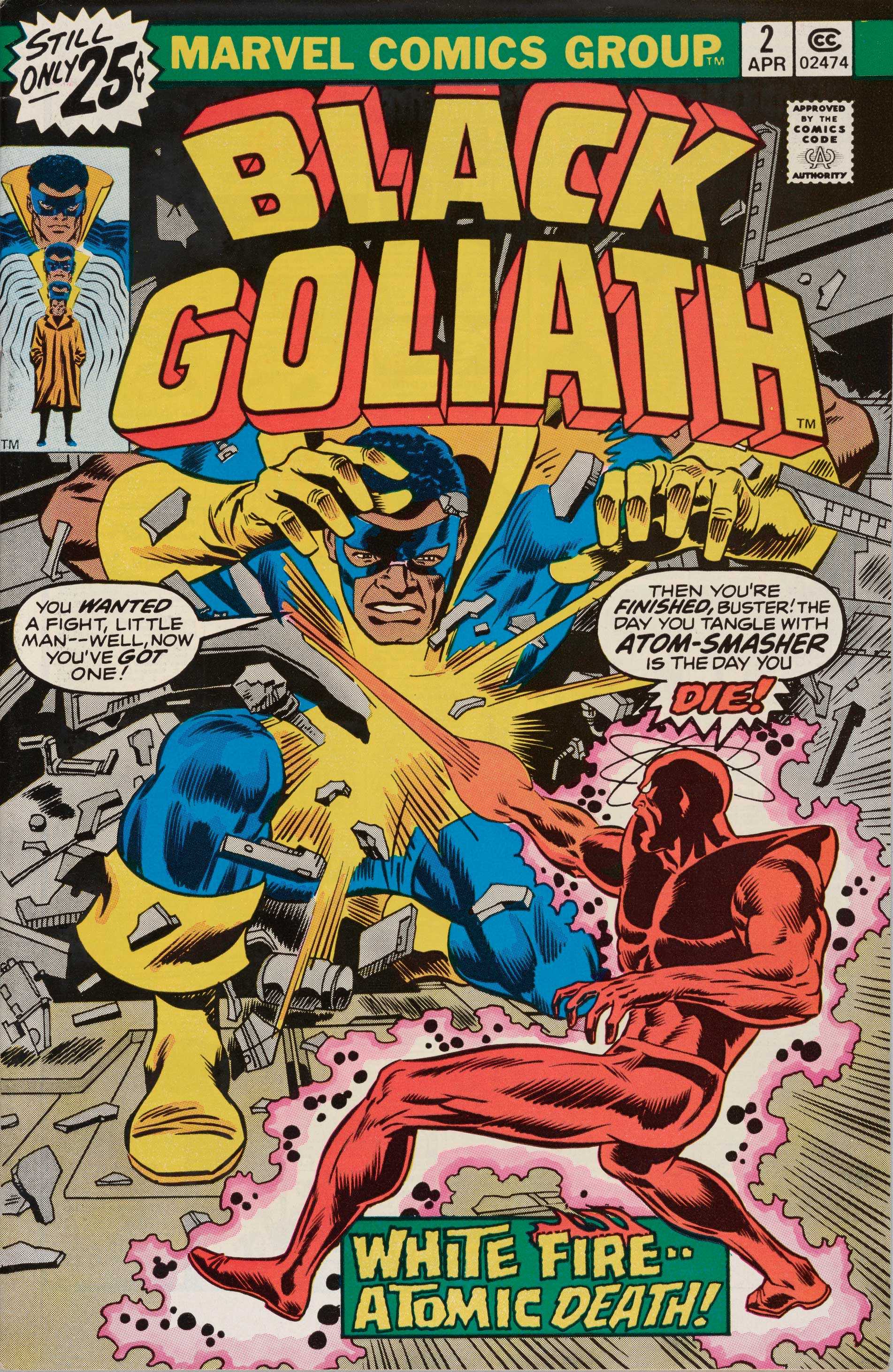 Black Goliath battling the Atom-Smasher on the cover of Black Goliath #2 in typical comic artwork.