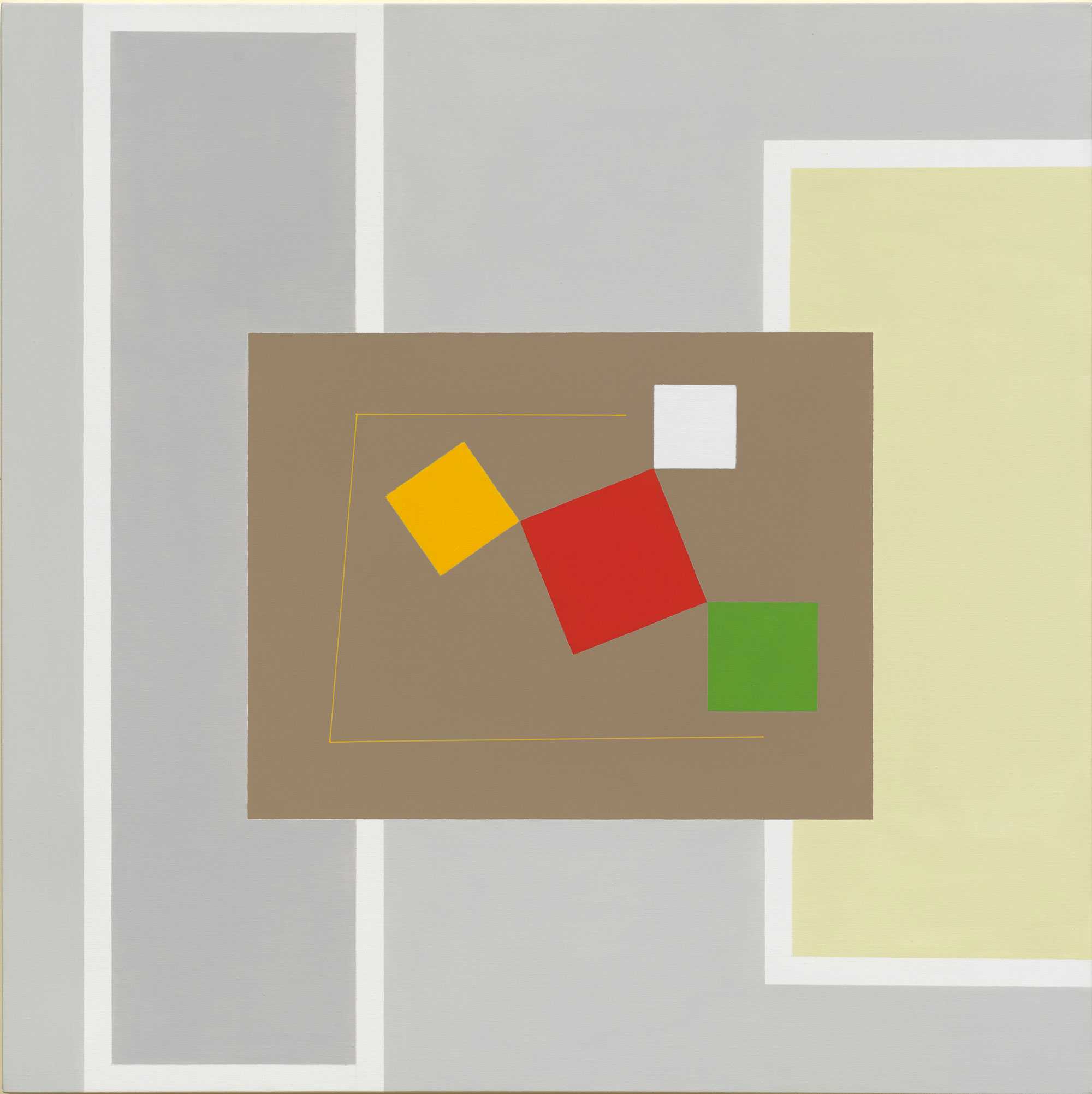 Abstract painting with geometric shapes: a gray background, beige square, and colorful squares in red, yellow, green, and white.
