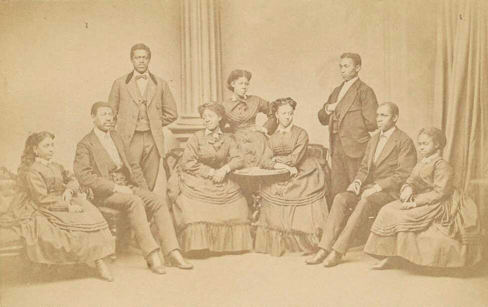 A carte-de-viste depicting the Fisk University Jubilee Singers, with all nine members present.