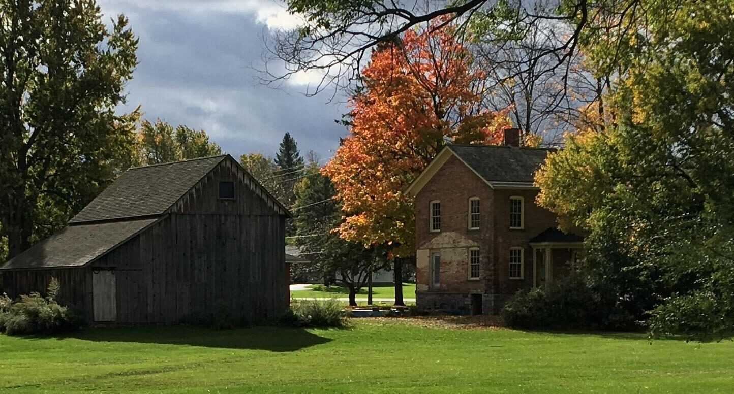 Two houses sit among green and orange leaved trees. The grass is a vibrant green.