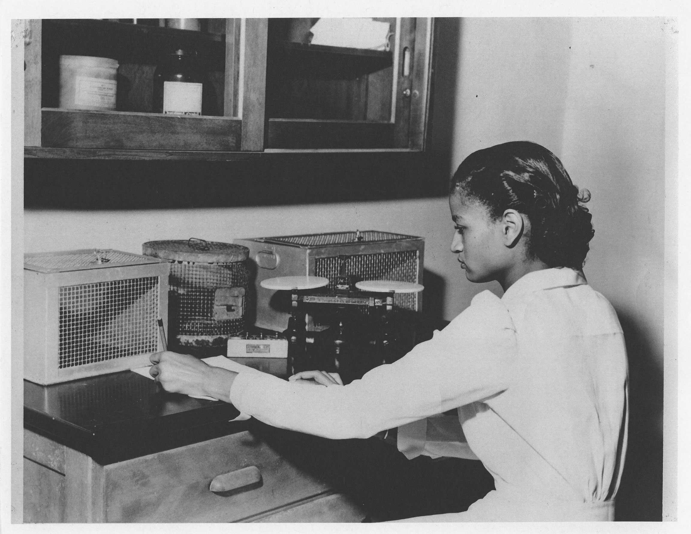 Photo of a woman in a lab coat working at a desk with cages and scientific equipment.