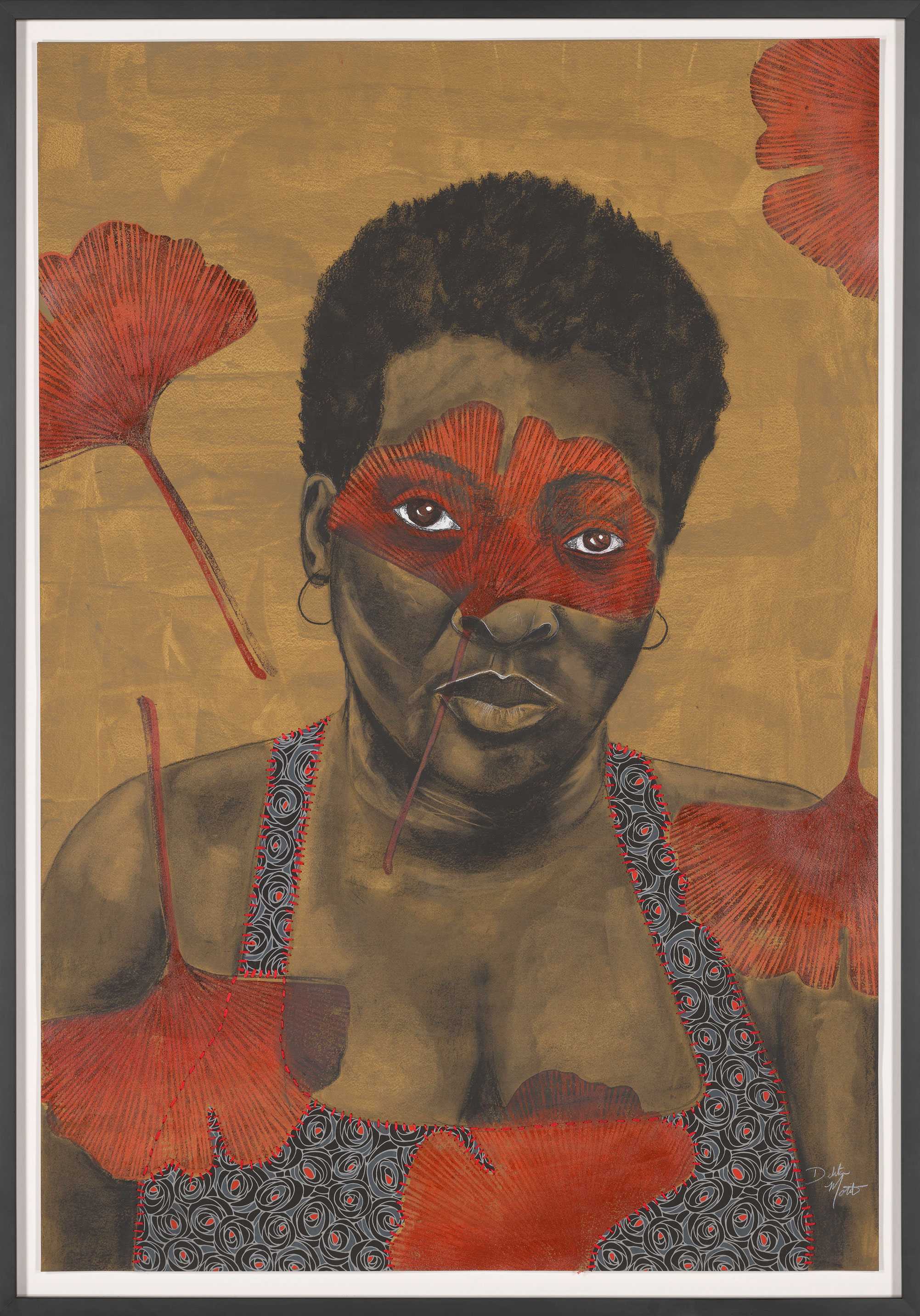Painting of a person with red ginkgo leaves over their eyes and around them, against a textured background.
