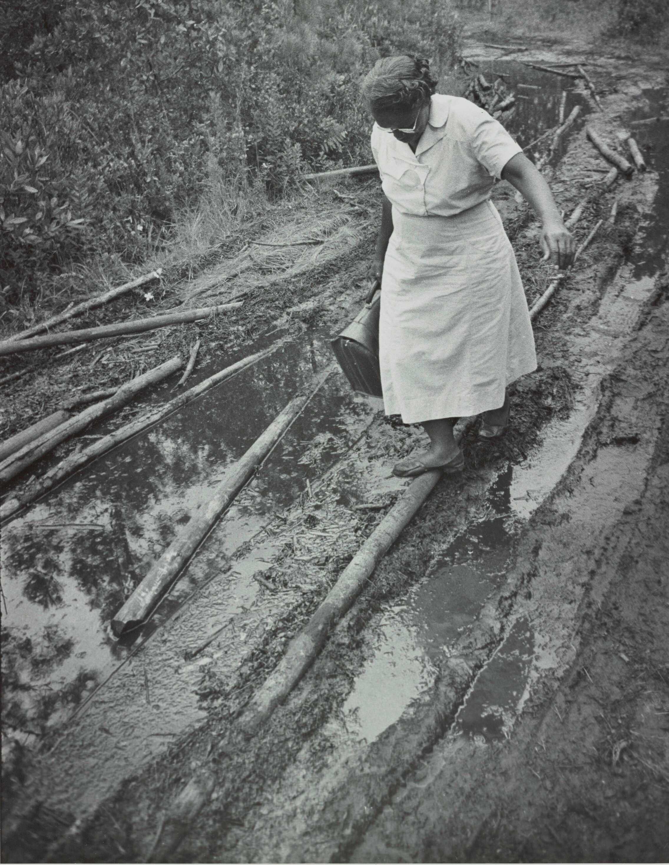 A black-and-white photograph of Maude Callen walking on logs laying in a muddy road.