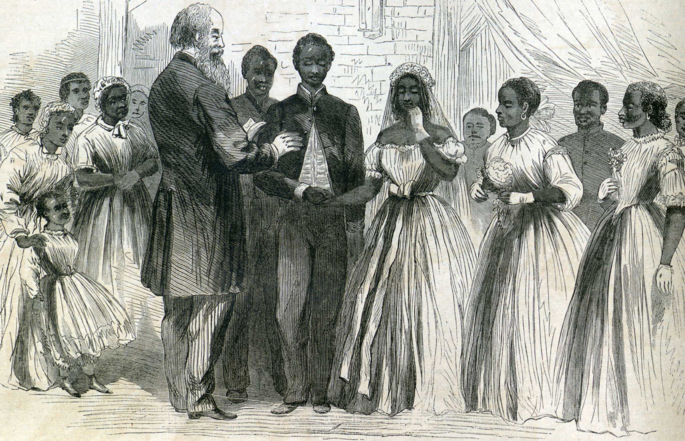 An illustration of a marriage ceremony with the bride and groom and their bridal party.