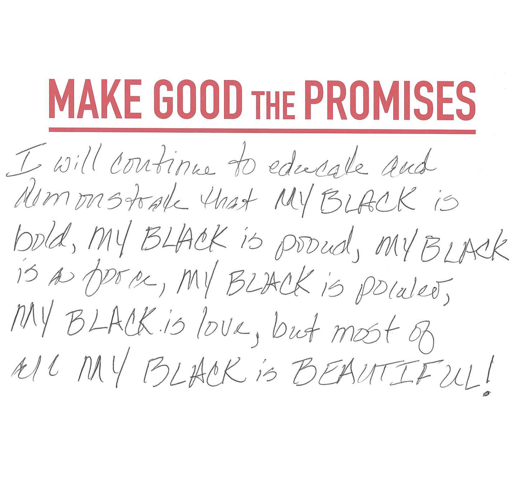 A white card with the handwritten message discussing the beauty and importance of blackness.