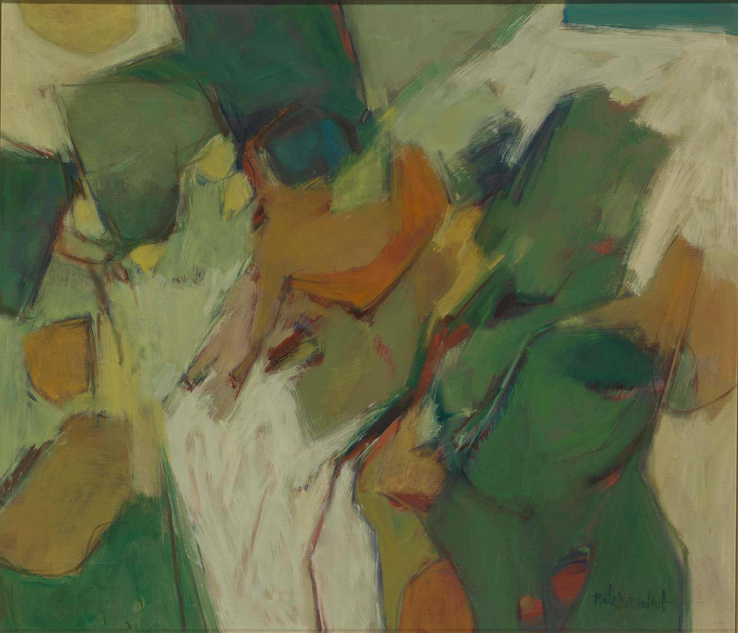 Abstract painting with green, white, and orange shapes blending together.