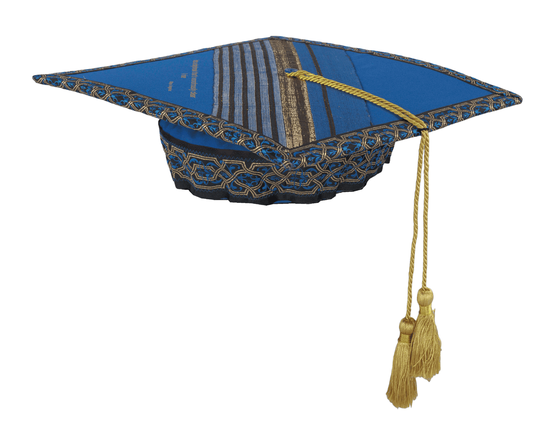 A blue and gold mortarboard cap from Bennett College worn by Dr. Johnnetta Betsch Cole.