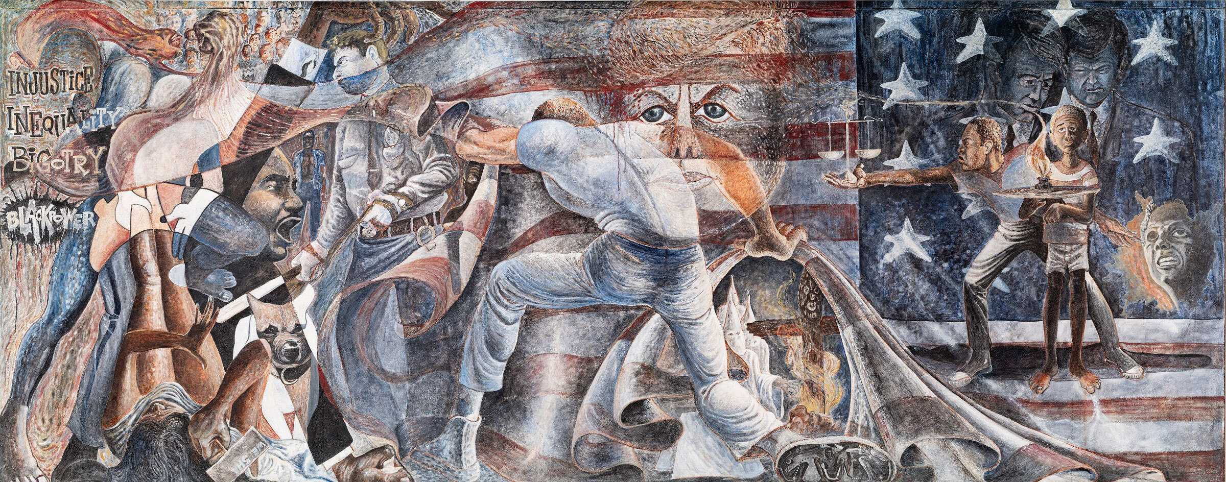 Mural depicting social and political unrest in the 1960s against African Americans.  A large American Flag serves as the backdrop for the piece.