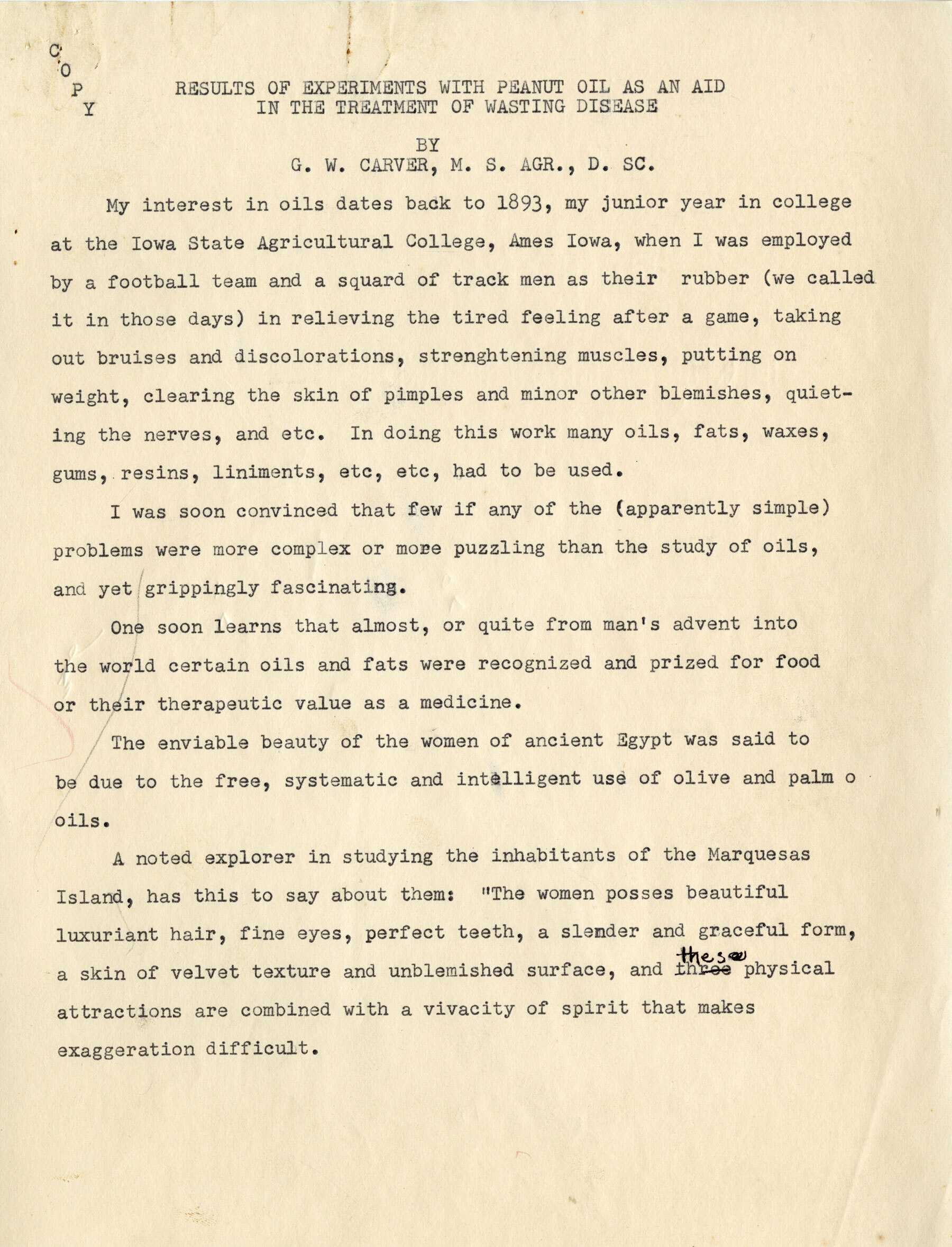 Typewritten document by George Washington Carver on the Results of his experiments with peanut oil.