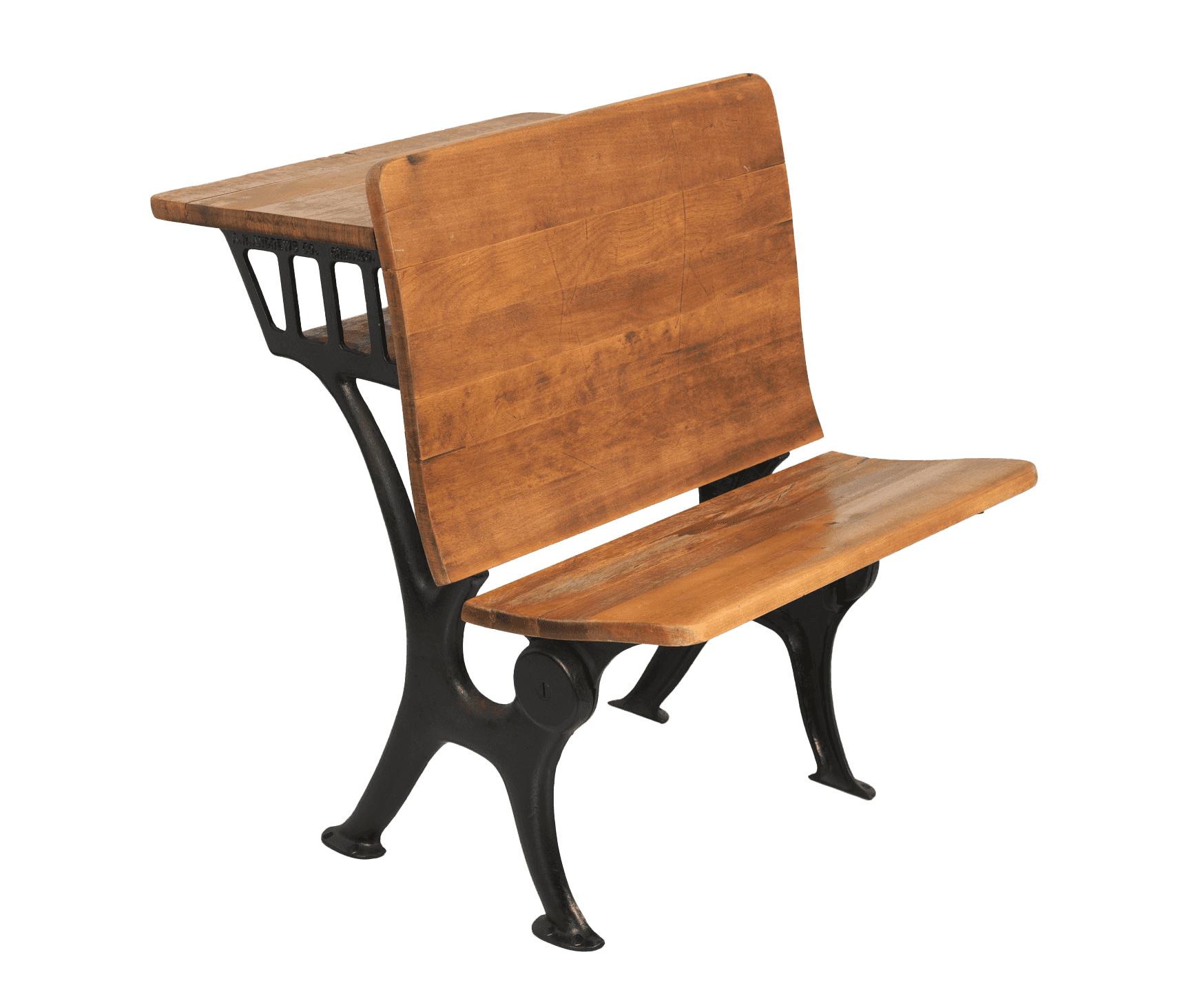 A set of ten desks from the Hope School in Pomaria, South Carolina, a historic Rosenwald school. The desks are of the "Triumph" model made by A. H. Andrews & Co. in Chicago, Illinois and are made of iron and hardwood. The back of each desk provides the writing surface for the desk behind.