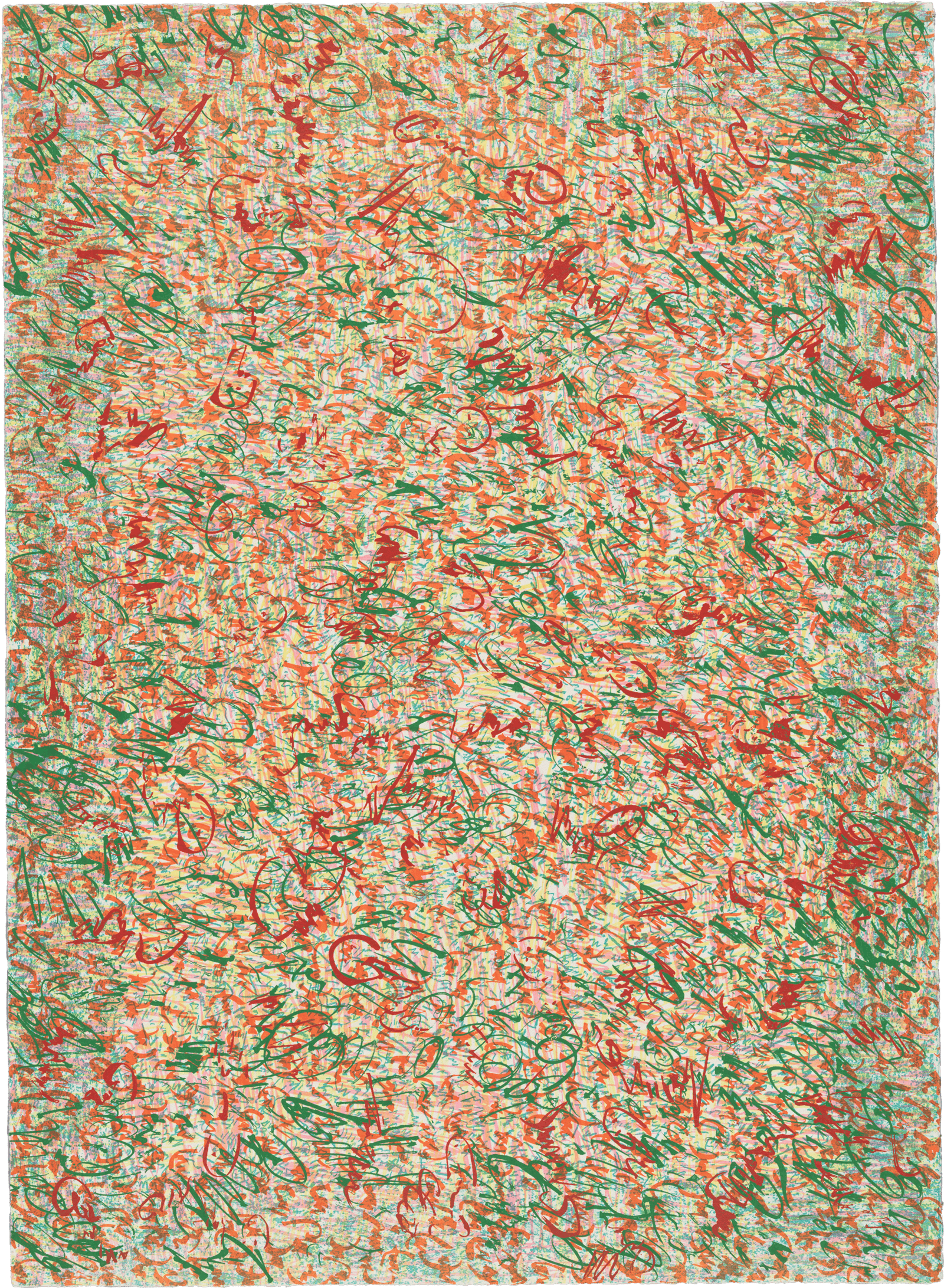 Abstract artwork with a dense pattern of swirling, overlapping red, green, and orange lines and shapes on a light background.