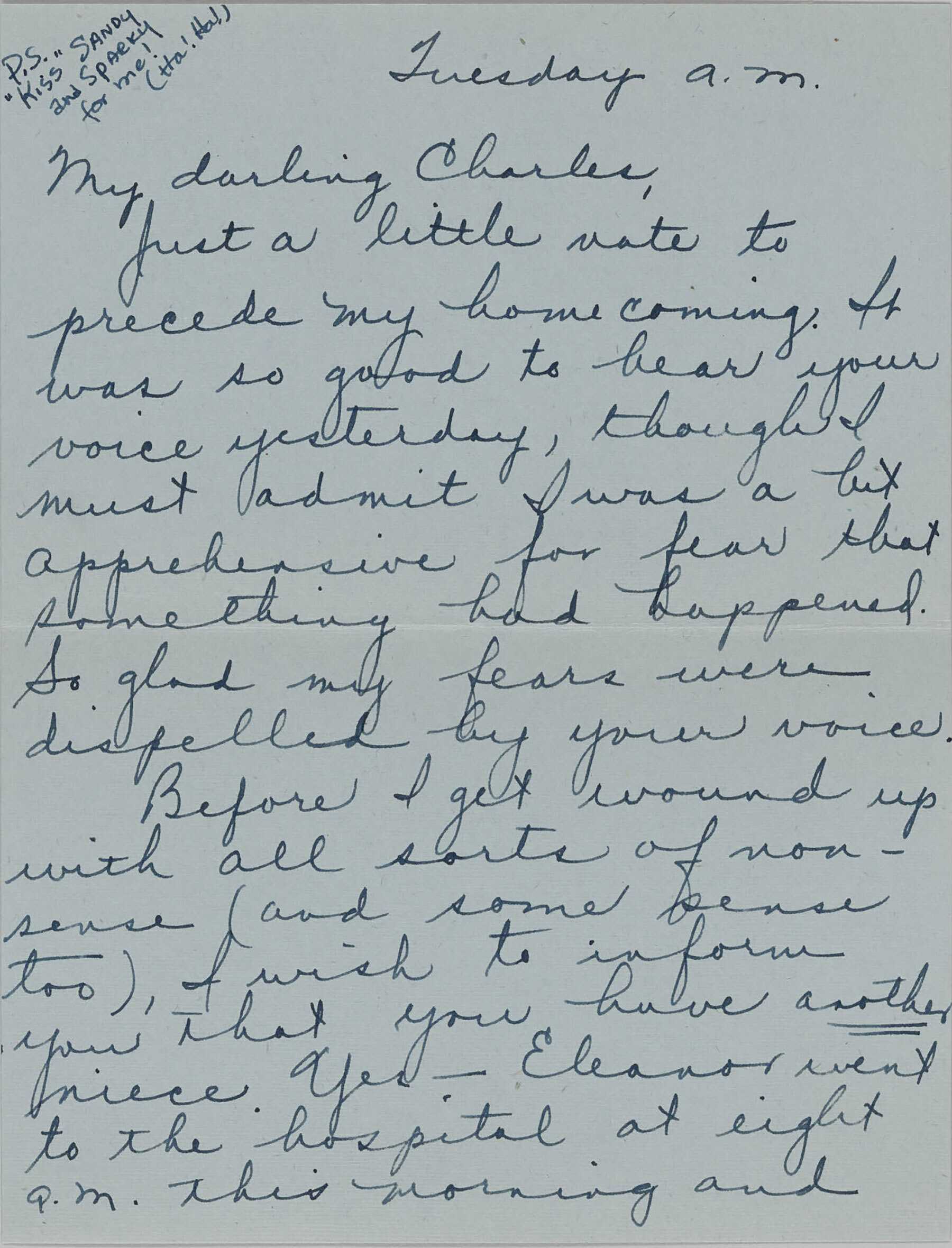 Handwritten letter addressed to "Charles" expressing relief after a phone call and mentioning a hospital visit by Eleanor.