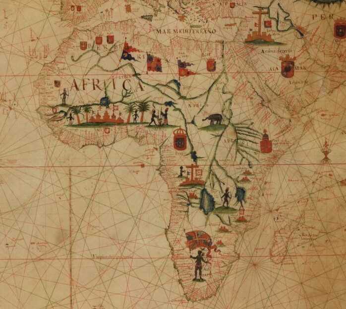 A Portolan chart of the Atlantic Ocean and Africa with small drawings of people and animals.