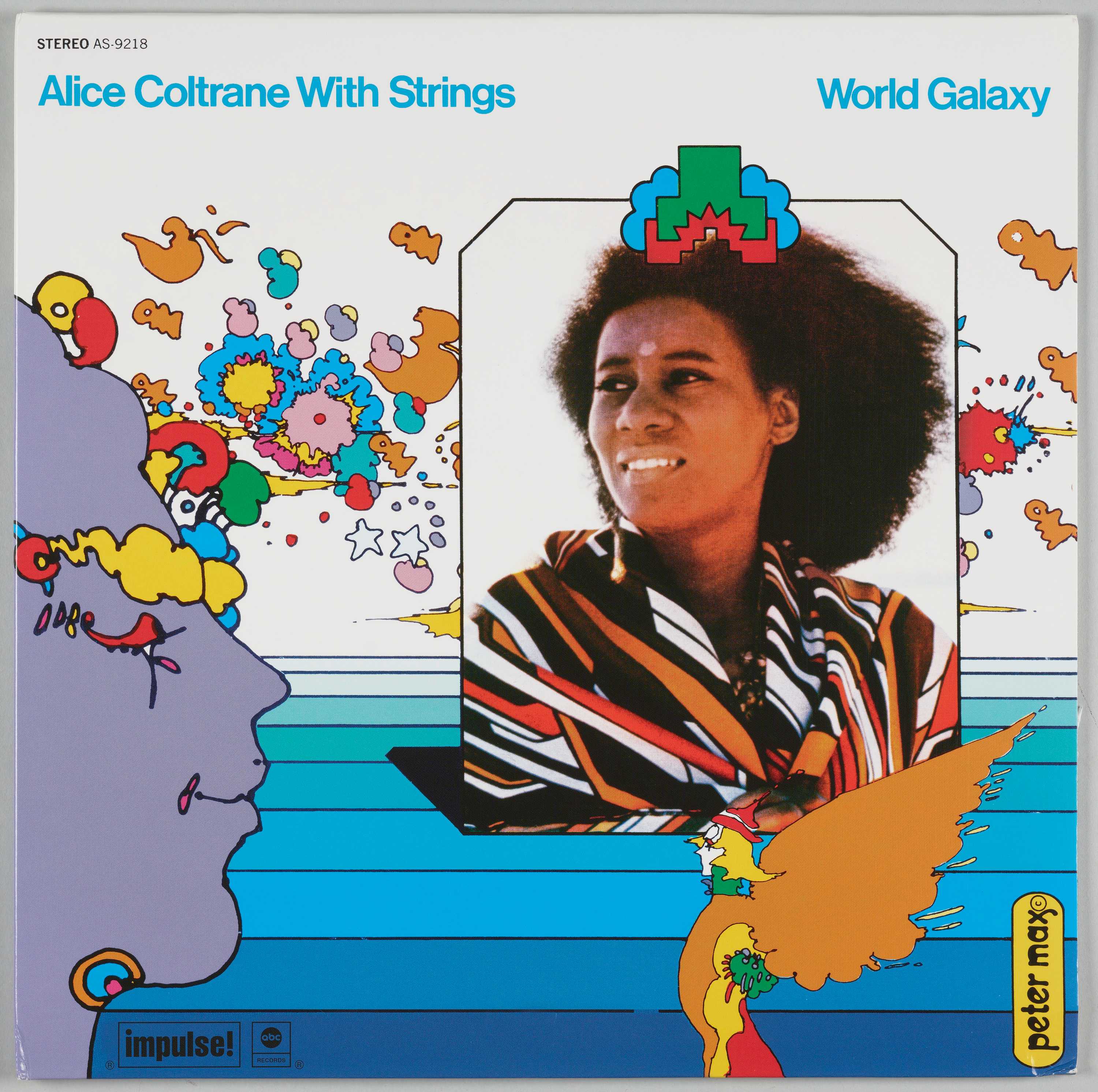 The cover for Alice Coltrane's World Galaxy featuring celestial imagery and her name in typography.