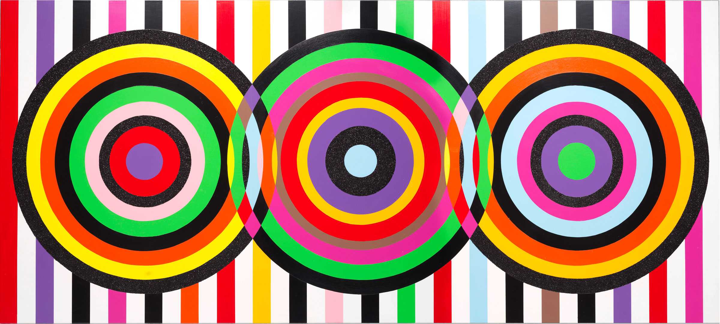 Bold abstract painting of three adjacent circles made of colorful concentric rings, with vertical stripes filling the background.