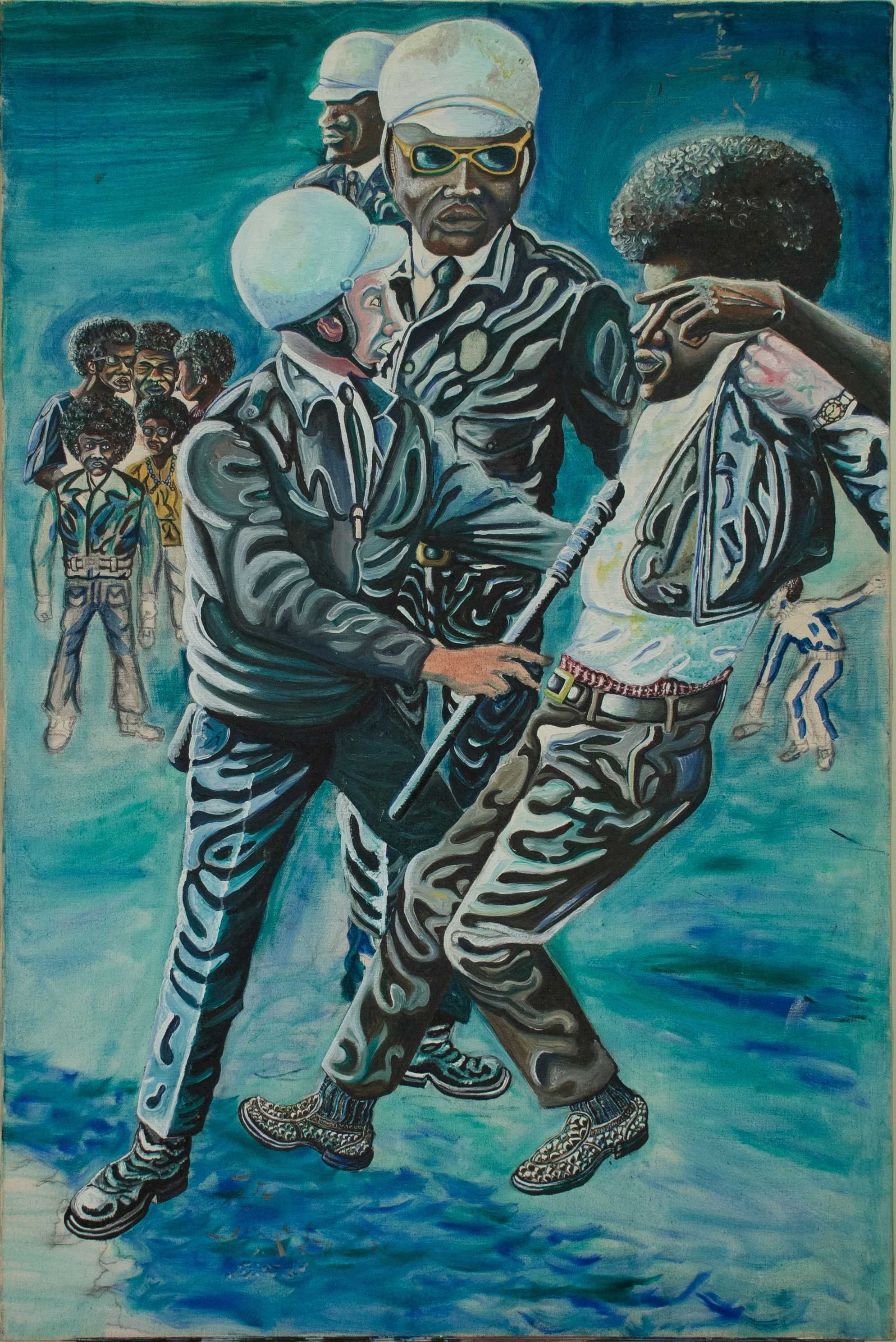 Color painting showing helmeted police officers assaulting an unidentified man.