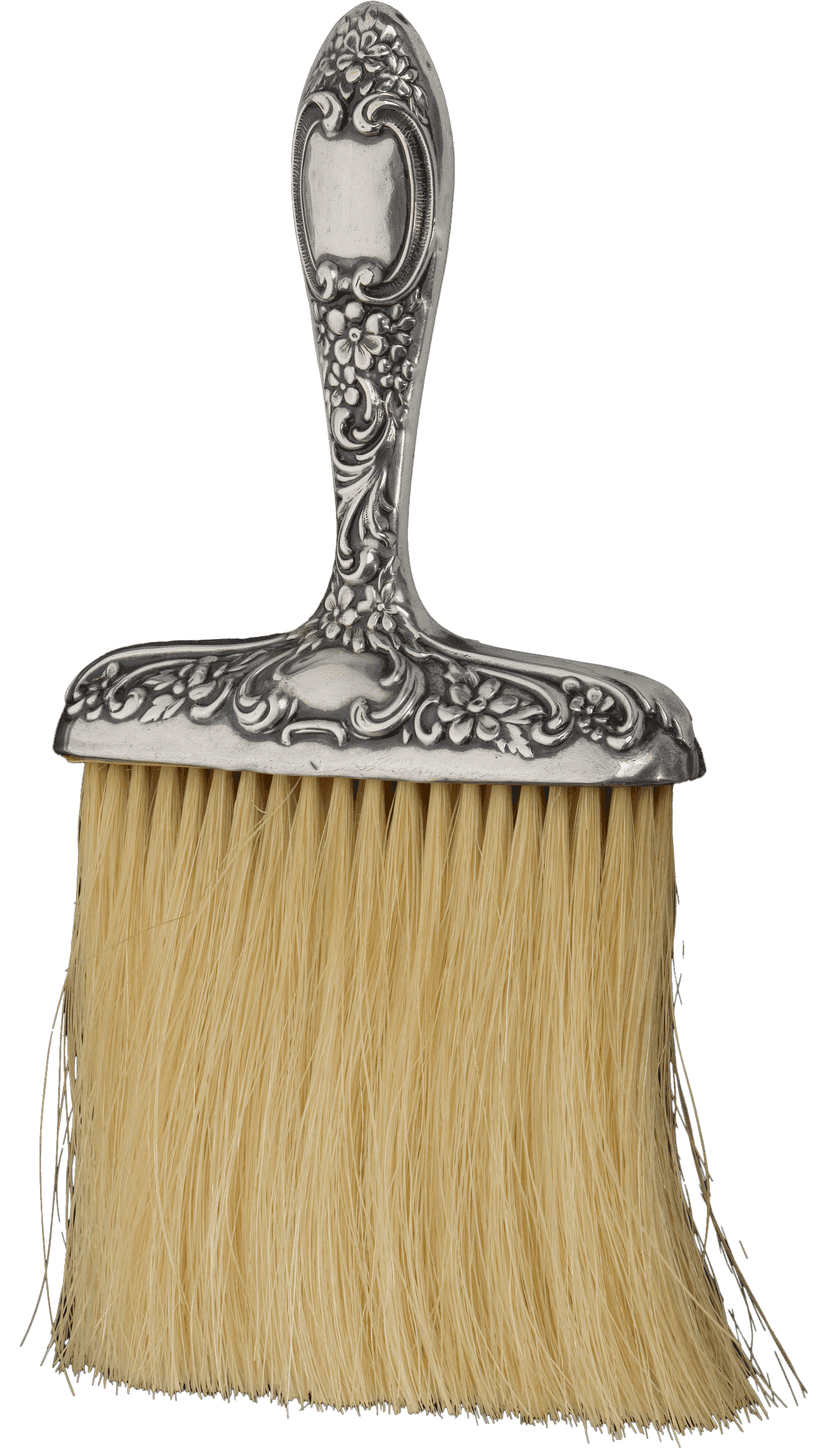 Silver whisk brush with yellow bristles.  The silver handle has decorative scrollwork throughout.