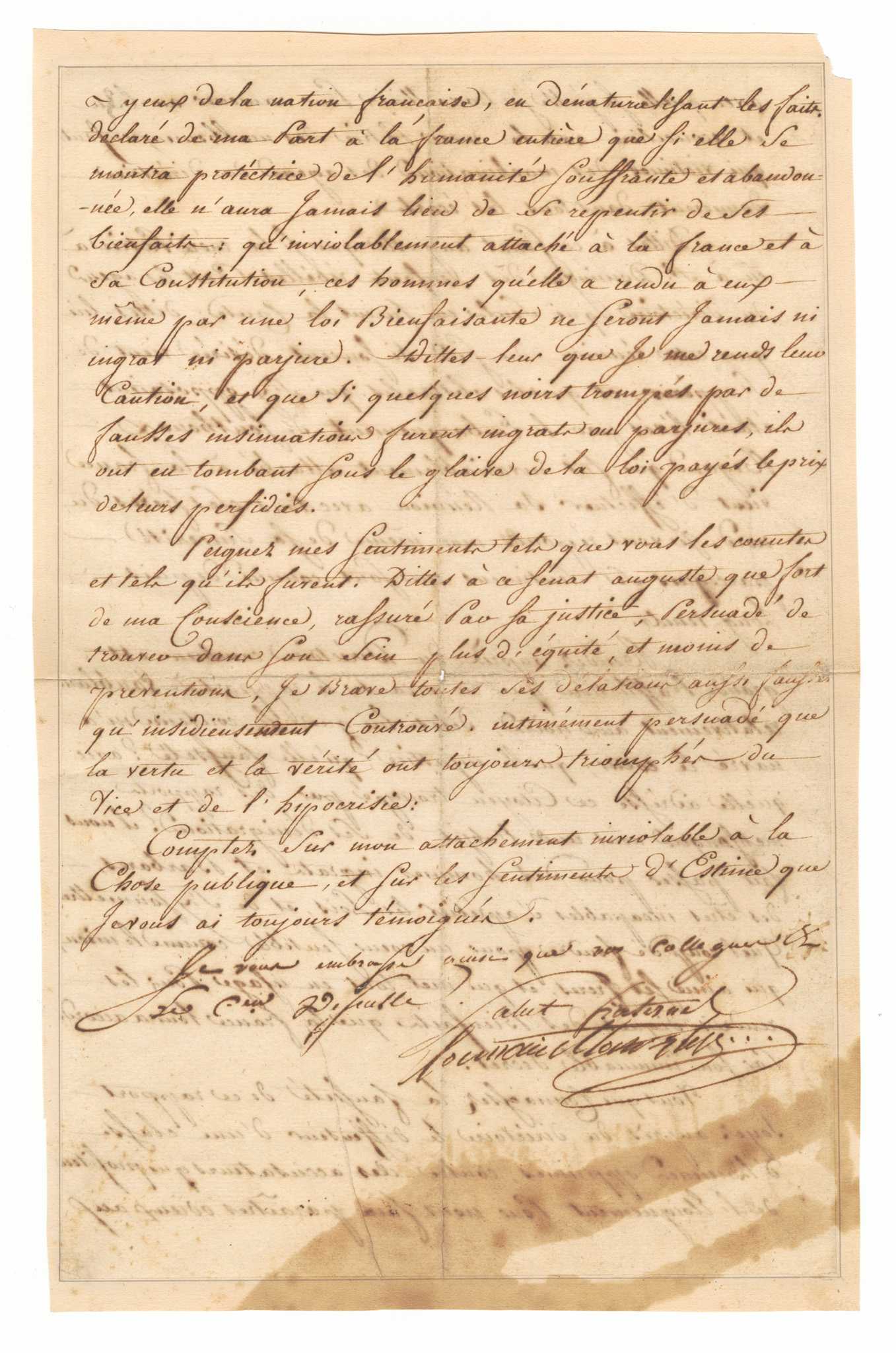 A letter signed by Toussaint Louverture to Charles Humbert Marie Vincent from Cap-Français (now Cap-Haïtien), Haiti, on October 21, 1797. The text itself was recorded by a scribe as Louverture's written French was limited, though the content comprises his own thoughts. At the top of the first page is pre-printed letterhead for Toussaint Louverture, Chief General of the Army of Saint-Domingue. The letter is handwritten in black ink on the front and back sides of two (2) sheets of paper. The contents of the letter are in regards to ongoing conflicts in the French colony of Saint Domingue, later the free nation of Haiti, and military leader Louverture's dissatisfaction with a speech given in the French parliament earlier in 1797 in which Viénot de Vaublanc spoke against abolition and people of African descent as uncivilized.