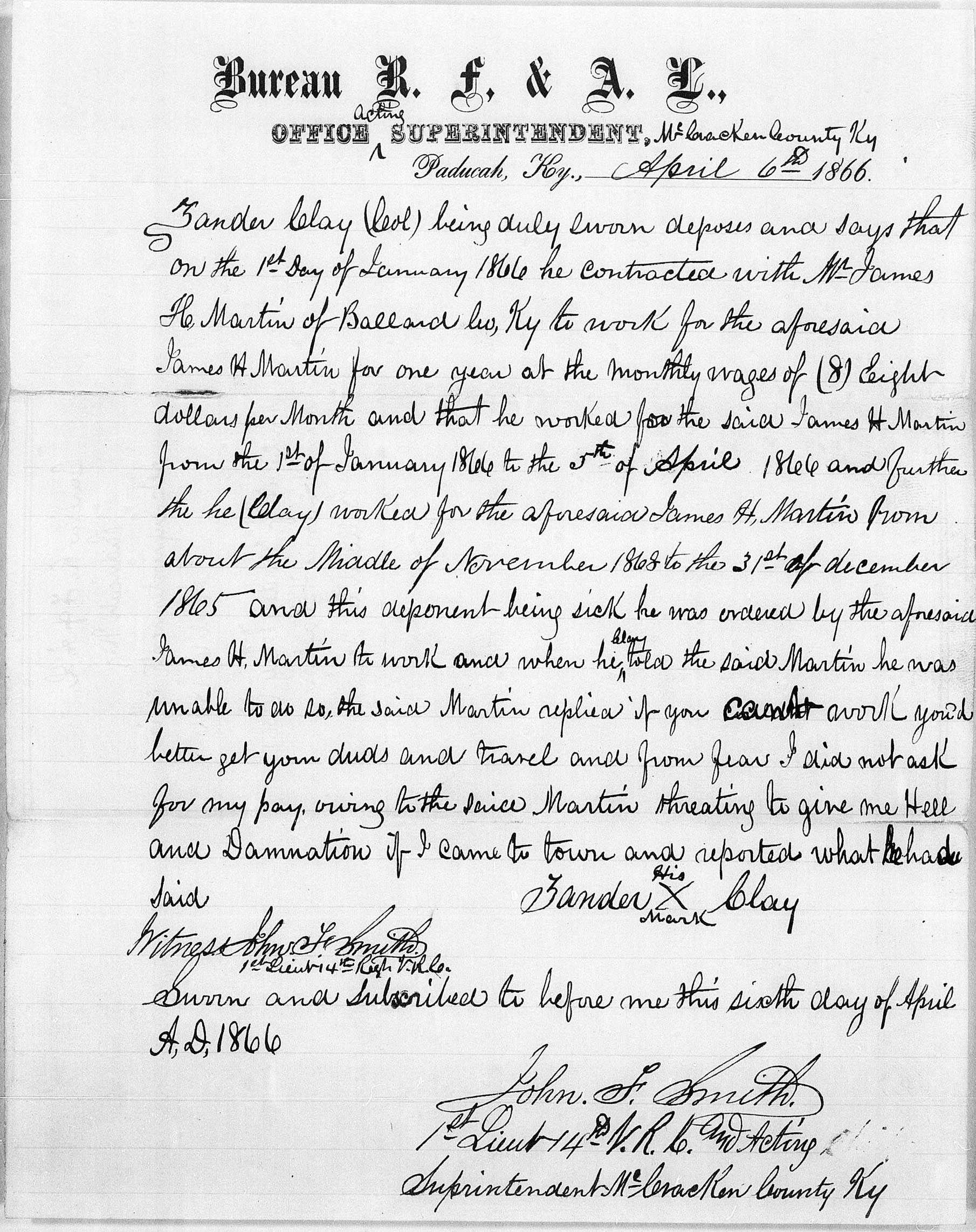 A fully page of handwritten affidavit of Zander Clay. It is signed at the bottom.